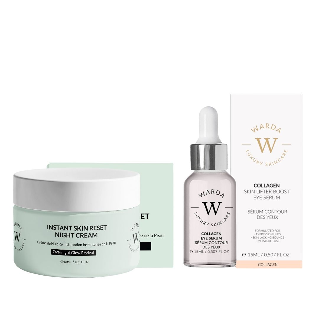 Creme- und Serumflasche mit Verpackung. Aufschrift: Warda Luxury Skincare. Text: Instant Skin Reset Night Cream, Collagen Eye Serum.