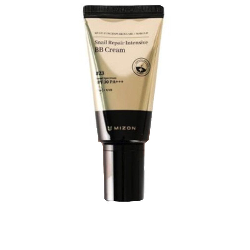 Tube mit BB-Creme. Aufschrift: Mizon, Snail Repair Intensive BB Cream #23, SPF30 PA+++. Goldfarbener Tubenkörper, schwarzer Deckel.