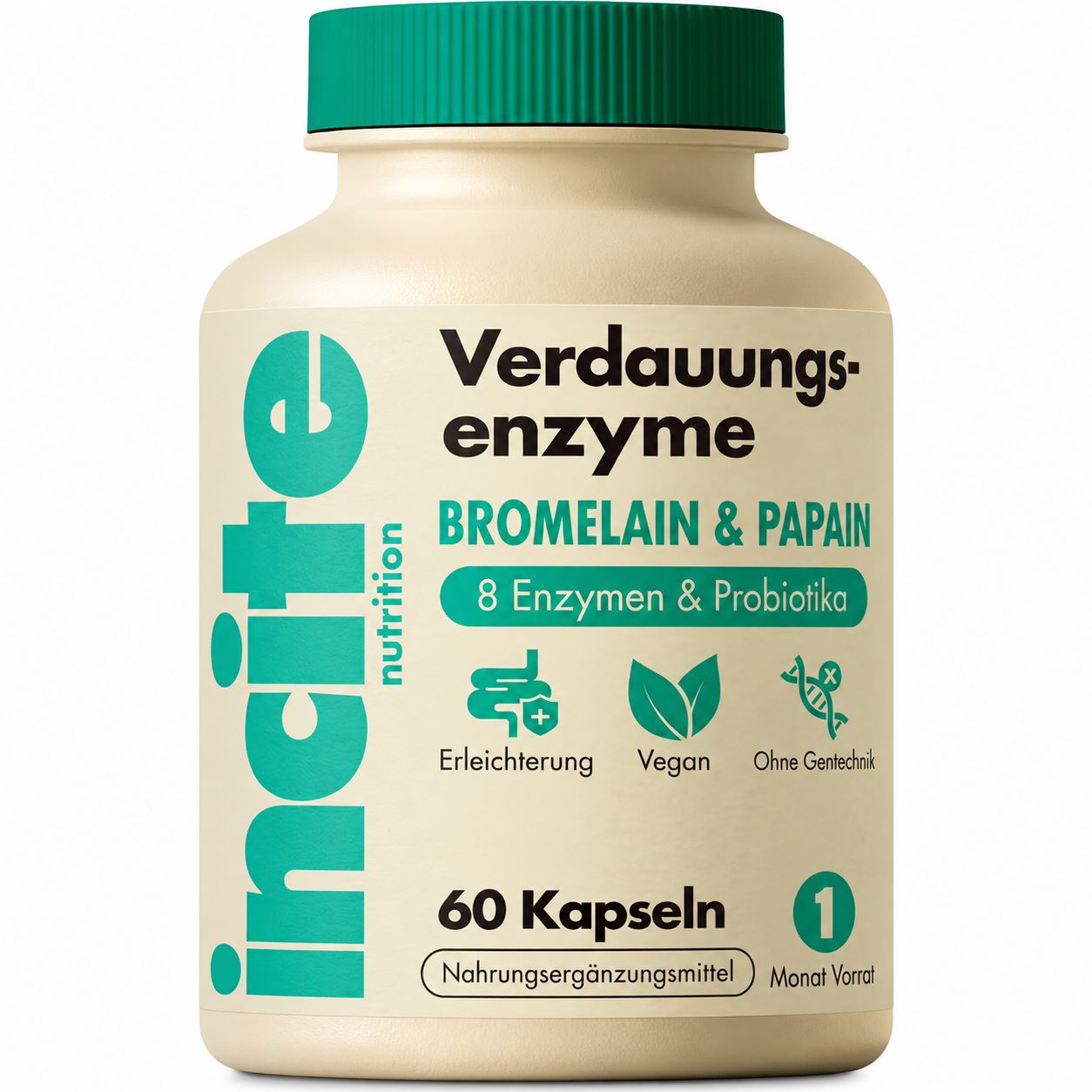 Flasche mit Verdauungsenzymen, Bromelain & Papain, 8 Enzyme & Probiotika, 60 Kapseln. Vegan, ohne Gentechnik.