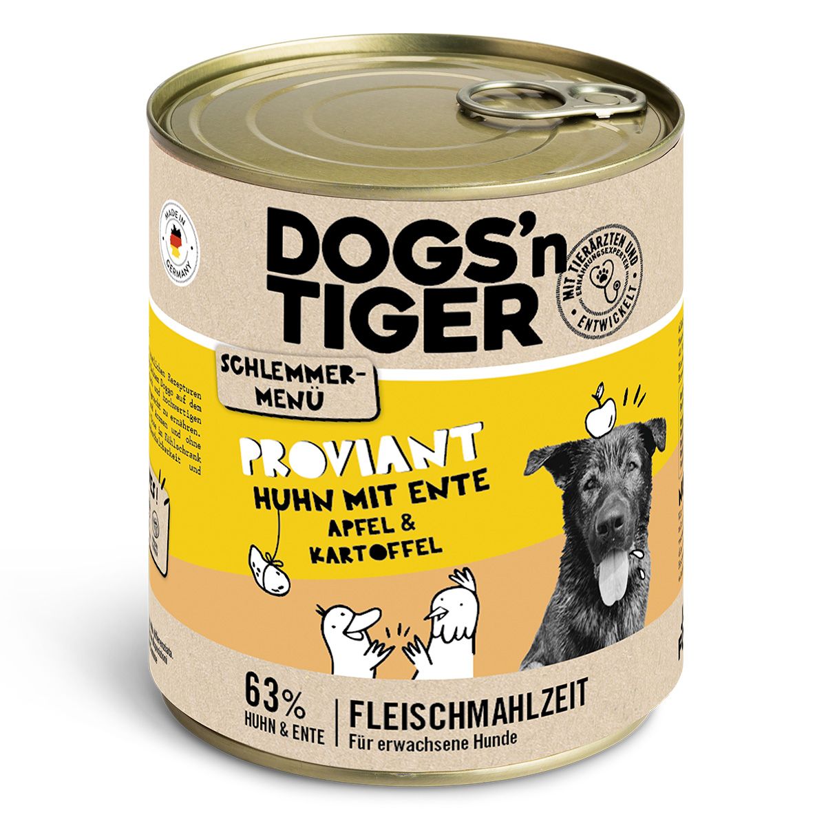 Hundefutter-Dose mit Logo Dogs'n Tiger und Produktinformationen. Aufdruck: Huhn mit Ente, Apfel & Kartoffel.