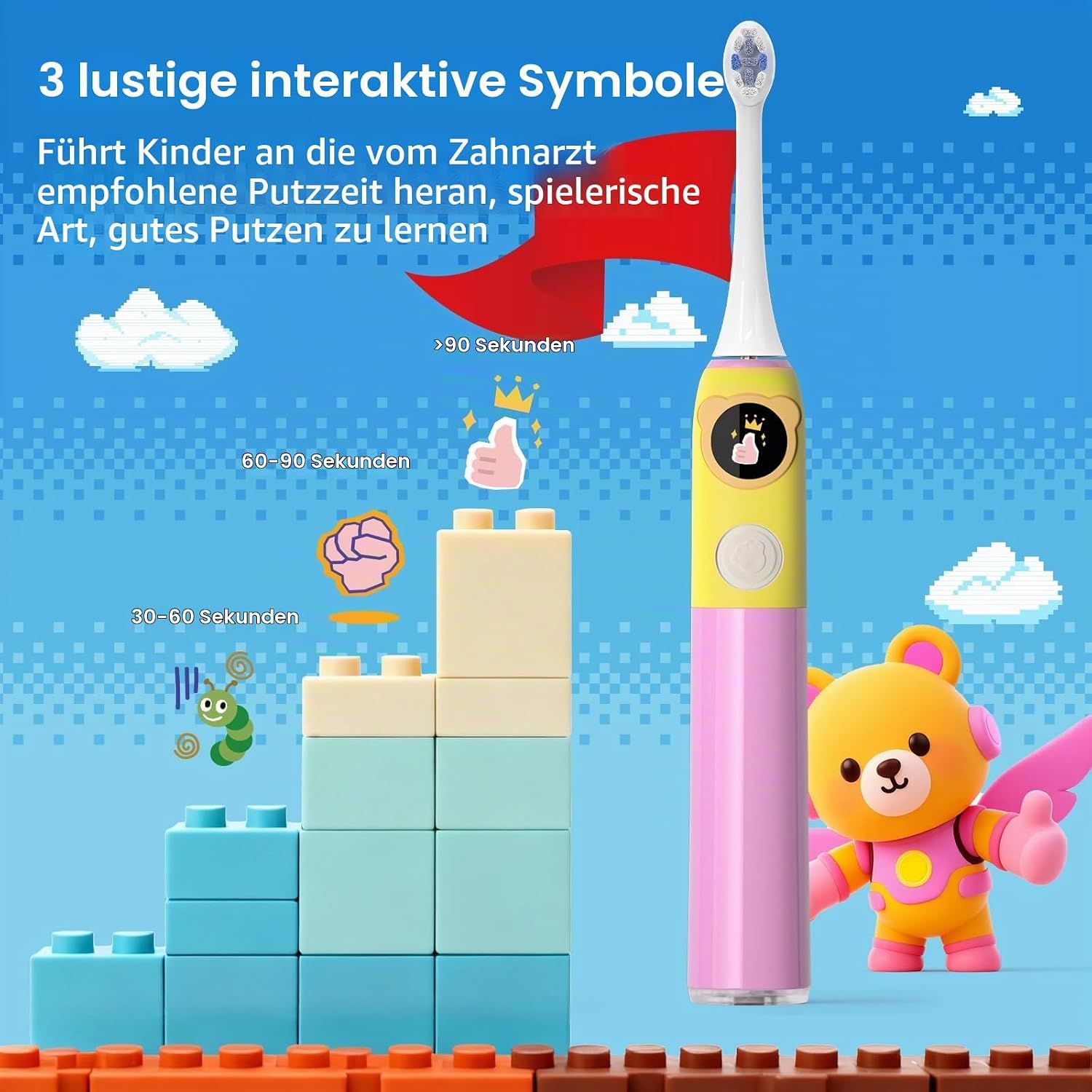 Bunte Kinder-Elektrozahnbürste mit Teddybär-Figur und Bausteinen.