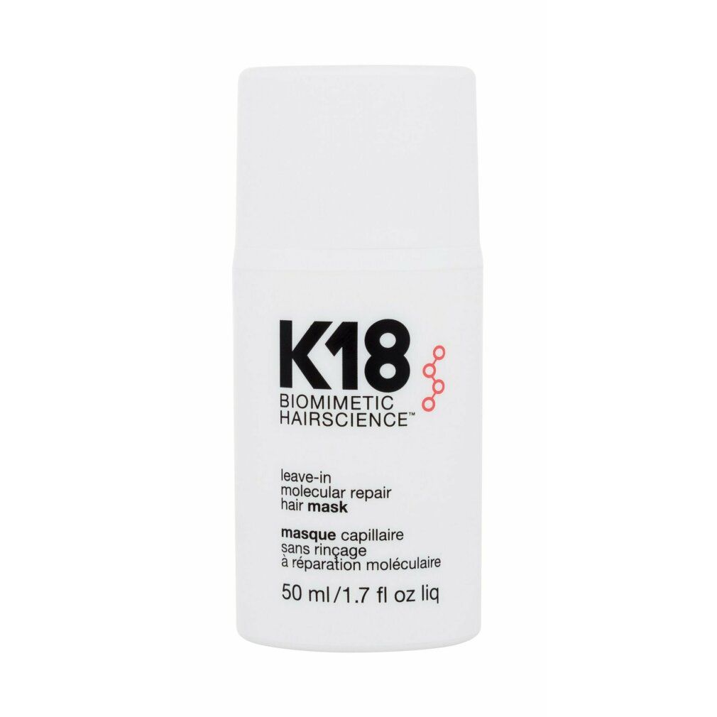 Weiße Flasche mit K18-Logo und Text. Enthält "leave-in molecular repair hair mask". Volumen: 50ml / 1.7 fl oz. Text auf Französisch.
