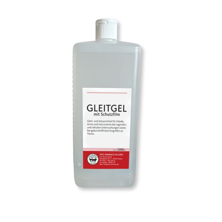 Transparente Flasche mit weißem Deckel. Aufkleber mit Text: Gleitgel mit Schutzfilm. Roter Streifen mit Logo und Text.