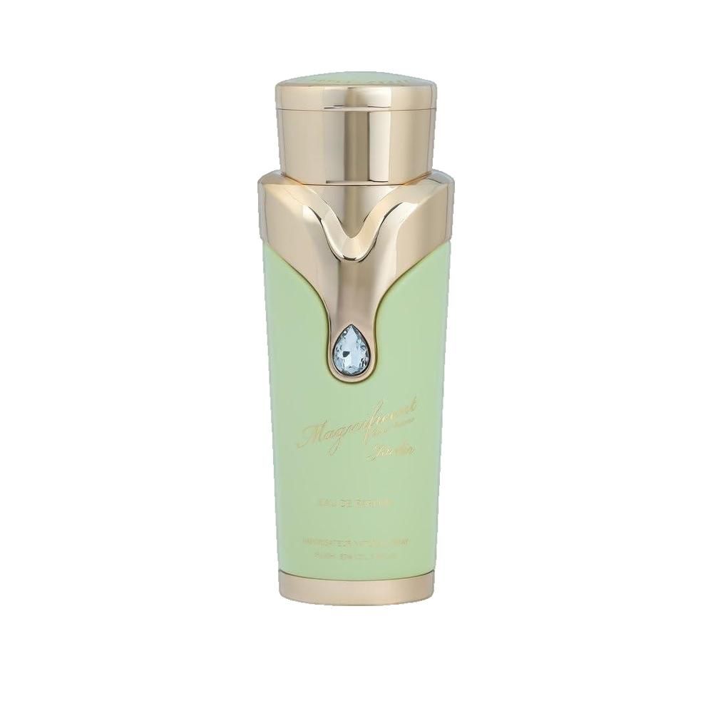 Hellgrüne Flasche mit goldfarbenem Verschluss und Verzierung. Tropfenförmiger Schmuckstein. Aufschrift: Magnificent Jardin.