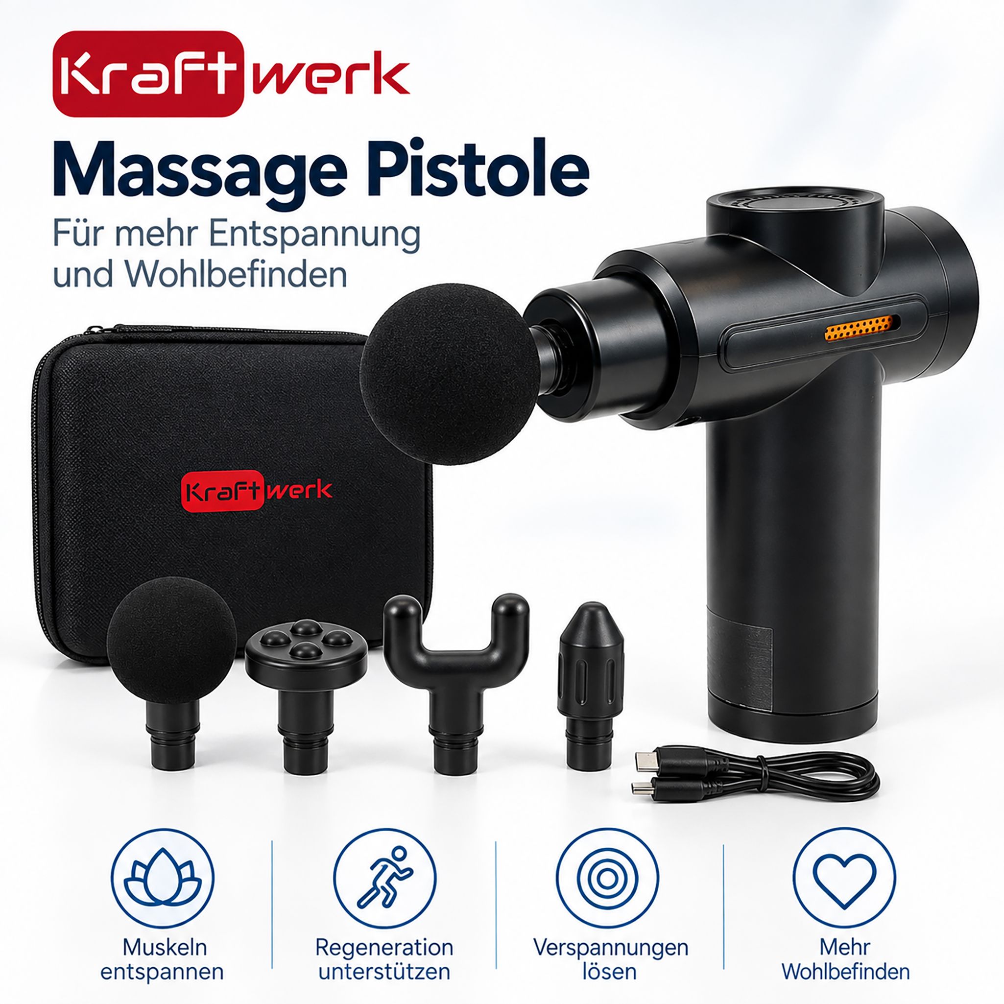 Massagepistole mit 4 Aufsätzen, Aufbewahrungstasche und USB-Kabel.