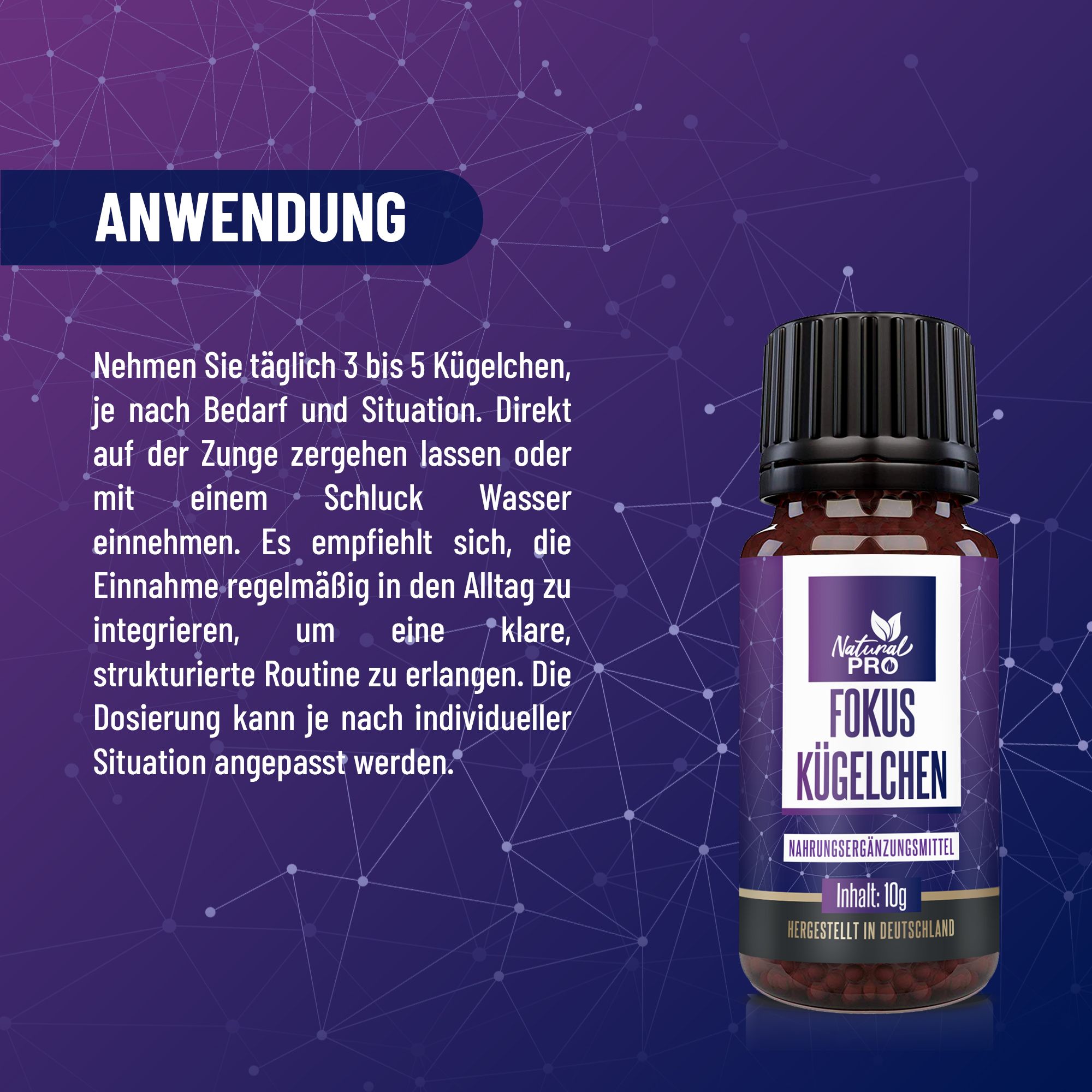 Flasche mit Produktetikett. Text: Anwendung. Einnahme von 3-5 Kügelchen täglich. Auf Zunge zergehen lassen oder mit Wasser.