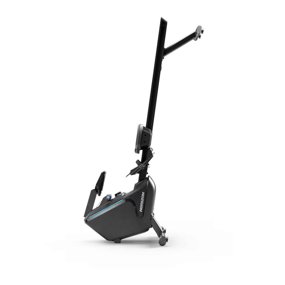 Schwarzer Rudergerät, teilweise zusammengeklappt. Horizon Fitness Oxford 6. Sitz, Konsole und Fußstützen sichtbar.