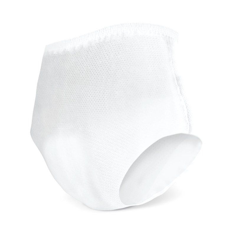 Weiße iD Intime Pants. Anatomisch geformt, aus weißem Stoff. Ansicht von vorne.