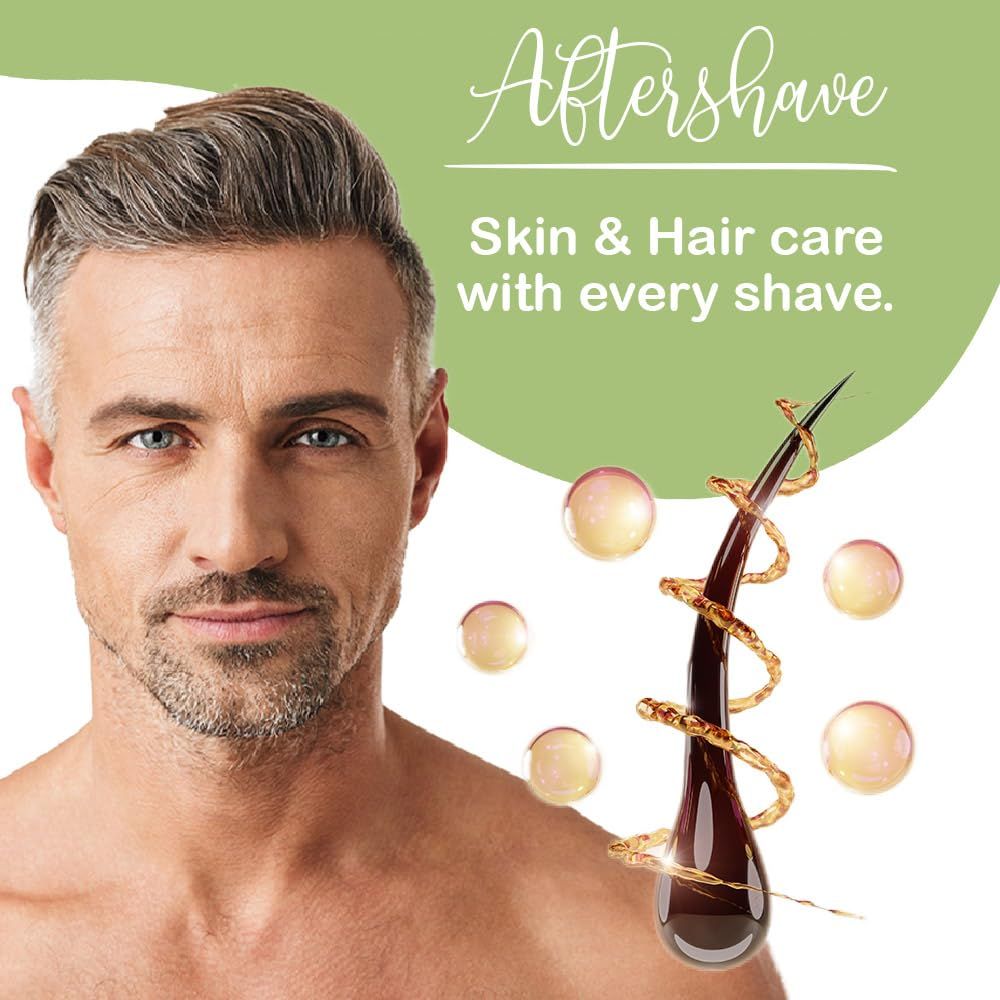 Mann mit Aftershave. Text: Haut- und Haarpflege bei jeder Rasur. Haare mit goldenen Tropfen.