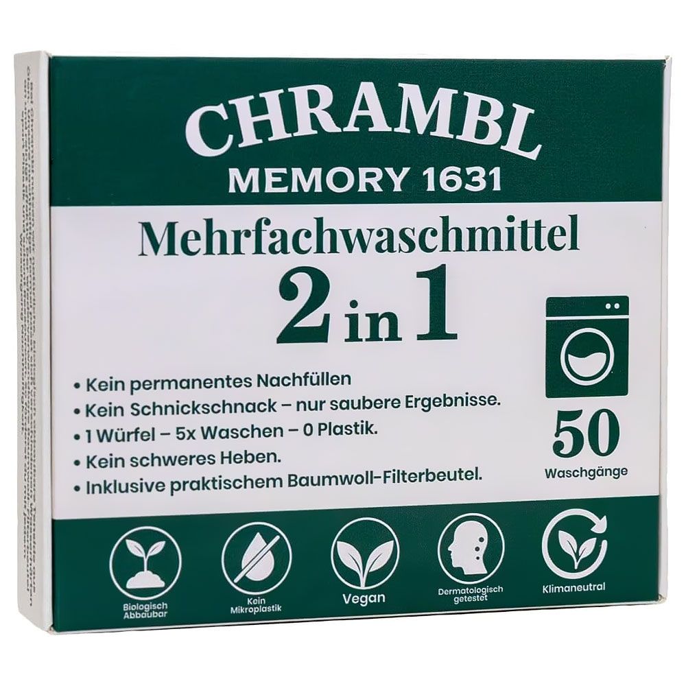 Verpackung von CHRAMBL 2 in 1 Mehrfachwaschmittel Würfel. Grün-weiße Schachtel mit Produktinformationen und Waschmaschinen-Symbol. 50 Waschgänge.