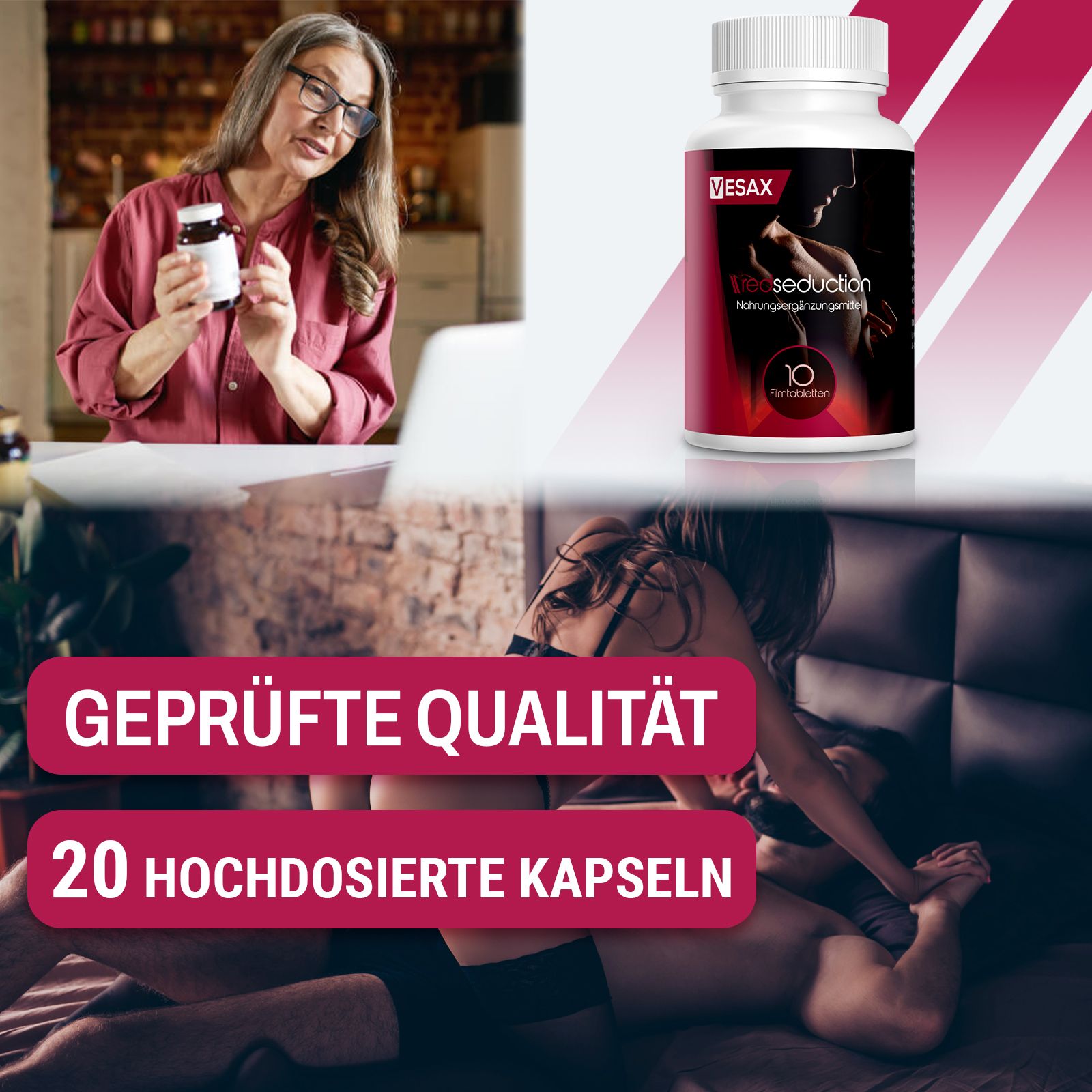 Weiße Flasche mit rotem Etikett. Aufschrift: Vesax, Red Seduction, Nahrungsergänzungsmittel, 20 Kapseln. Text: Geprüfte Qualität. Frau mit Laptop.