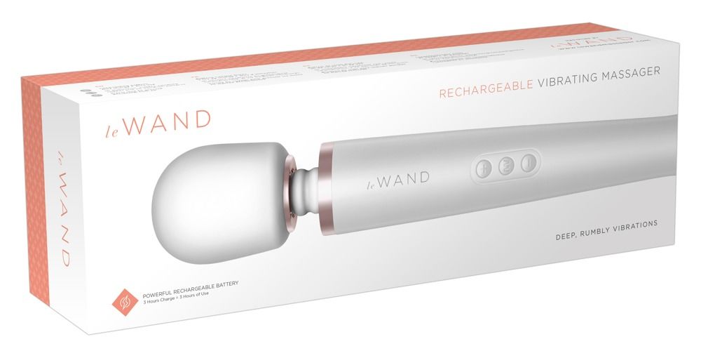 Verpackung für ein weißes Massagegerät. Auf der Verpackung steht 'le Wand' und 'Rechargeable Vibrating Massager'.