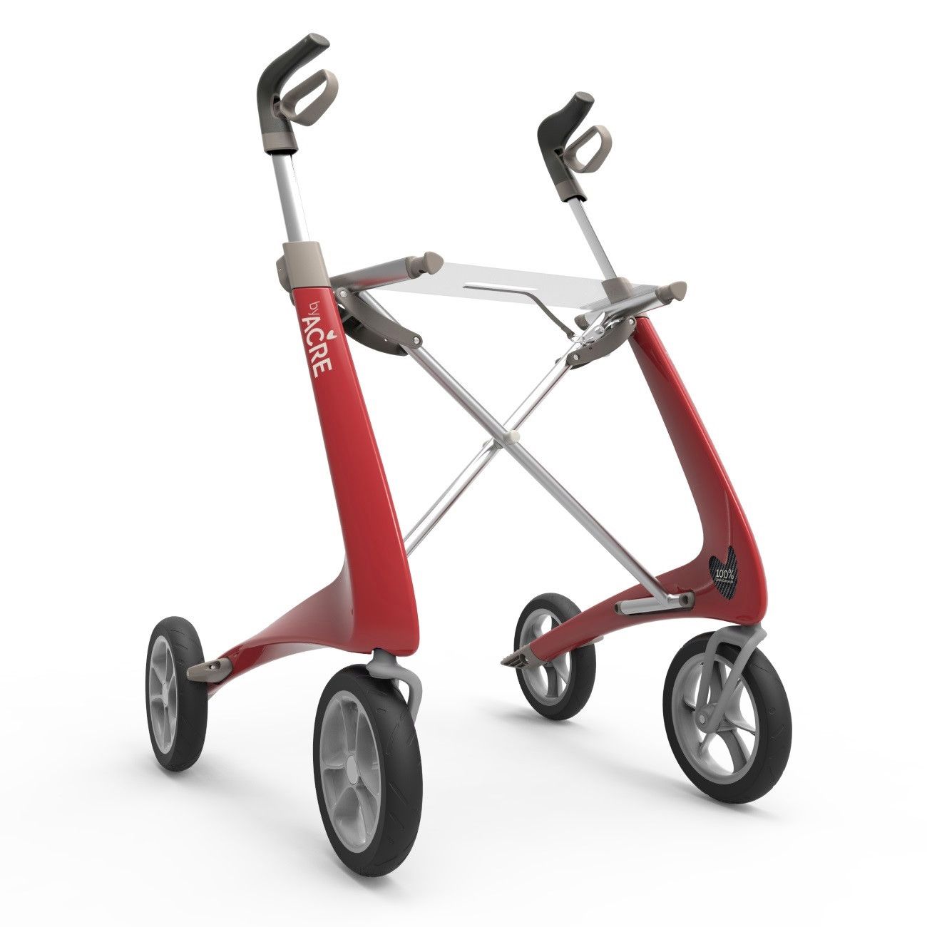 Roter Rollator mit vier Rädern. Das Produkt hat den Markennamen ACRE. Der Griff ist grau.