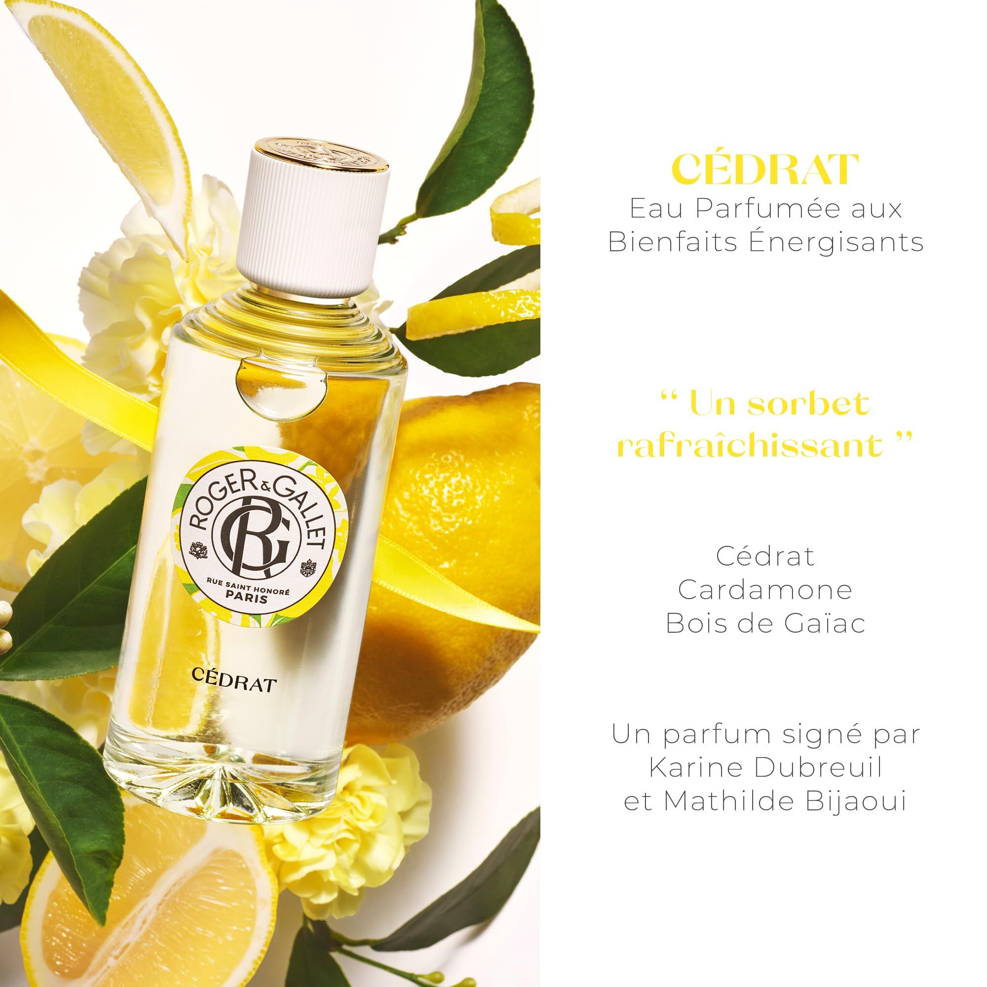 Flakon Cédrat mit Zitrone und Blättern. Text: Cédrat Eau Parfumée, Un sorbet rafraîchissant. Namen der Parfümeure.