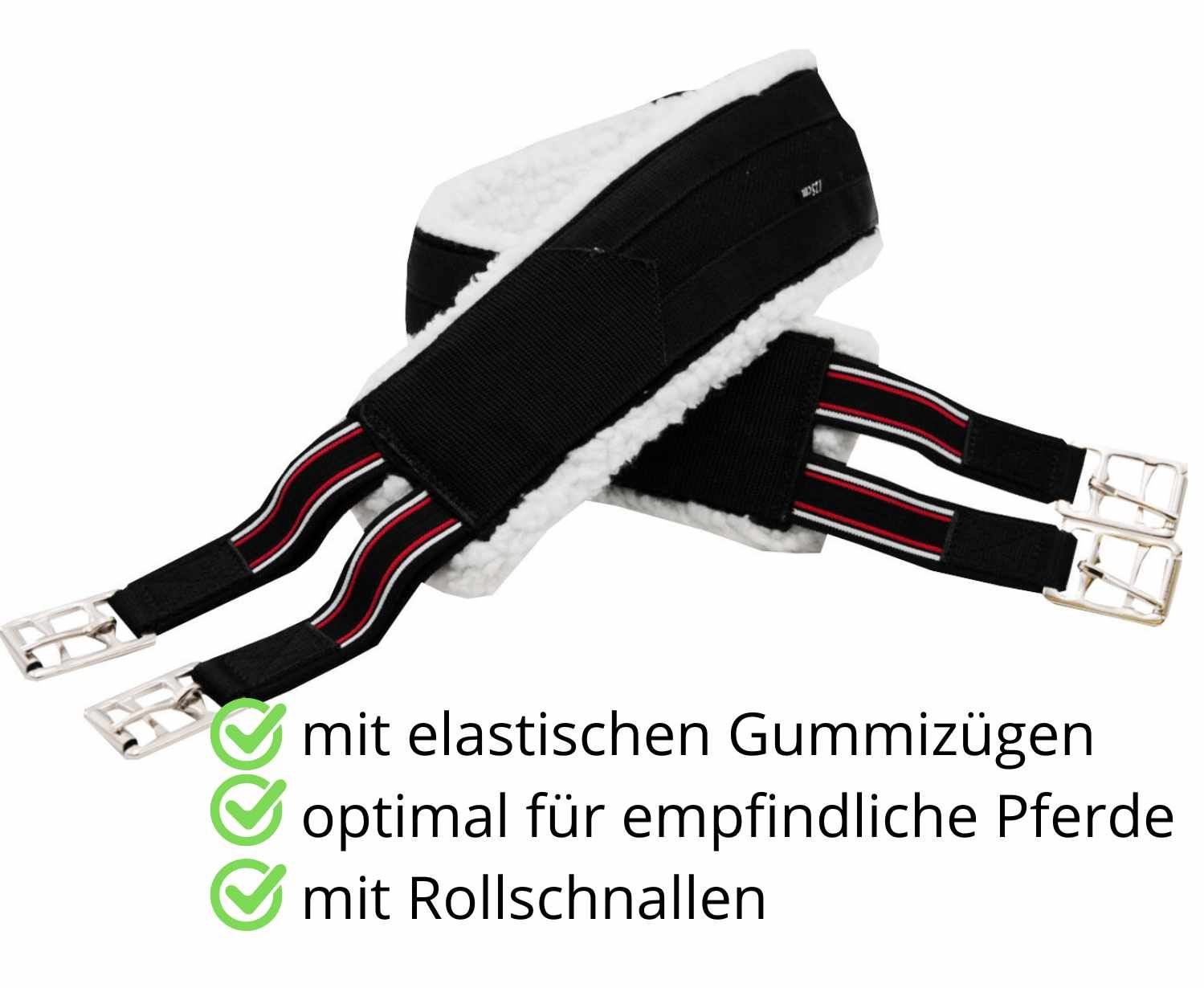 Schwarzer Sattelgurt mit Kunstfell, silbernen Schnallen und elastischen Gurten. Text: "mit elastischen Gummizügen", "optimal für empfindliche Pferde".