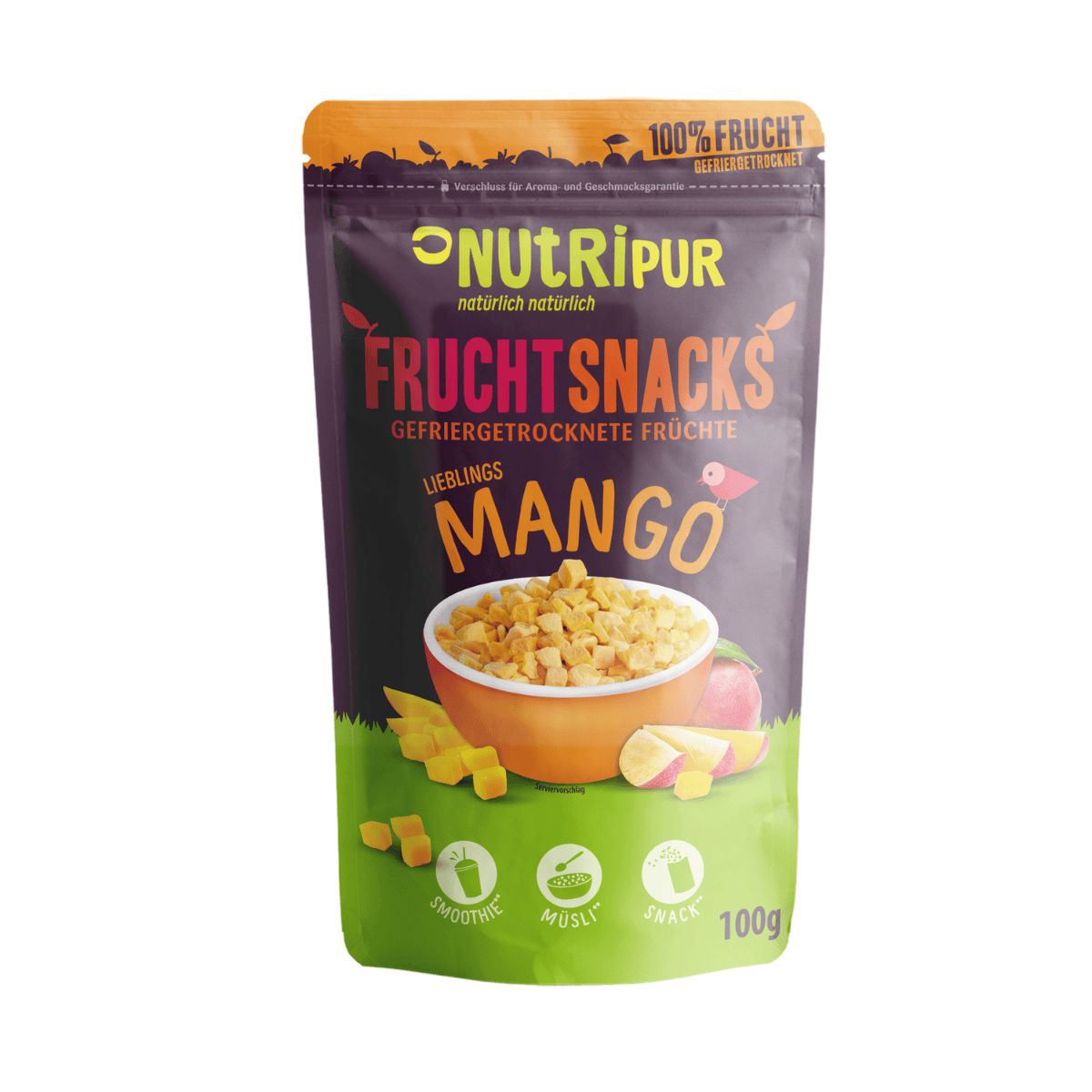 Verpackung gefriergetrockneter Mango-Fruchtsnacks. Lila-grüne Tüte mit Produktnamen und Mango-Illustration. 100g.