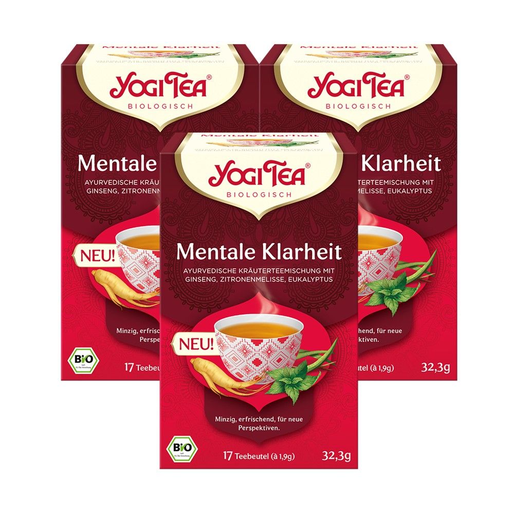 Drei Packungen Yogi Tea - Mentale Klarheit. Rote Verpackung mit Logo und Produktbezeichnung. Bio-Siegel und "NEU!" Aufdruck.