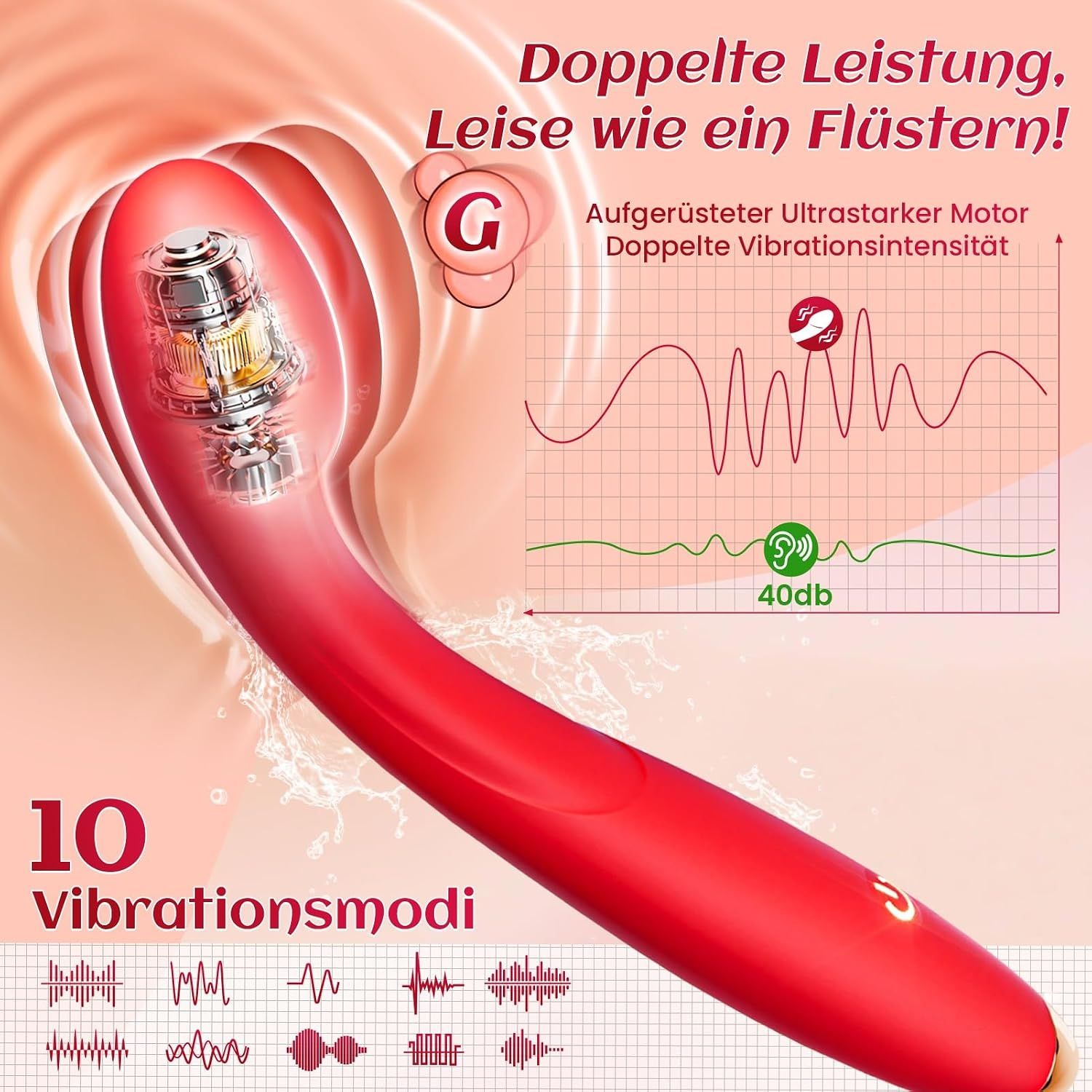 Roter Vibrator mit detaillierter Darstellung des Motors und 10 Vibrationsmodi, leise wie ein Flüstern.