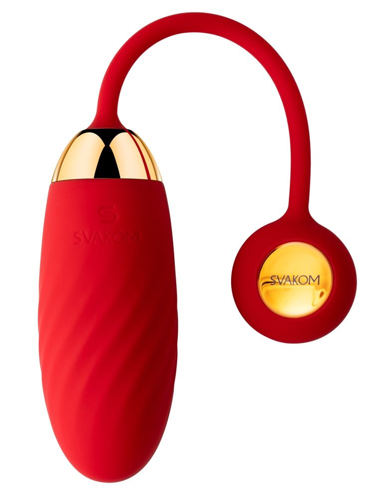 Roter Vibrator mit goldfarbenem Kopf und Anhänger. Spiralförmige Textur. Marke SVAKOM.