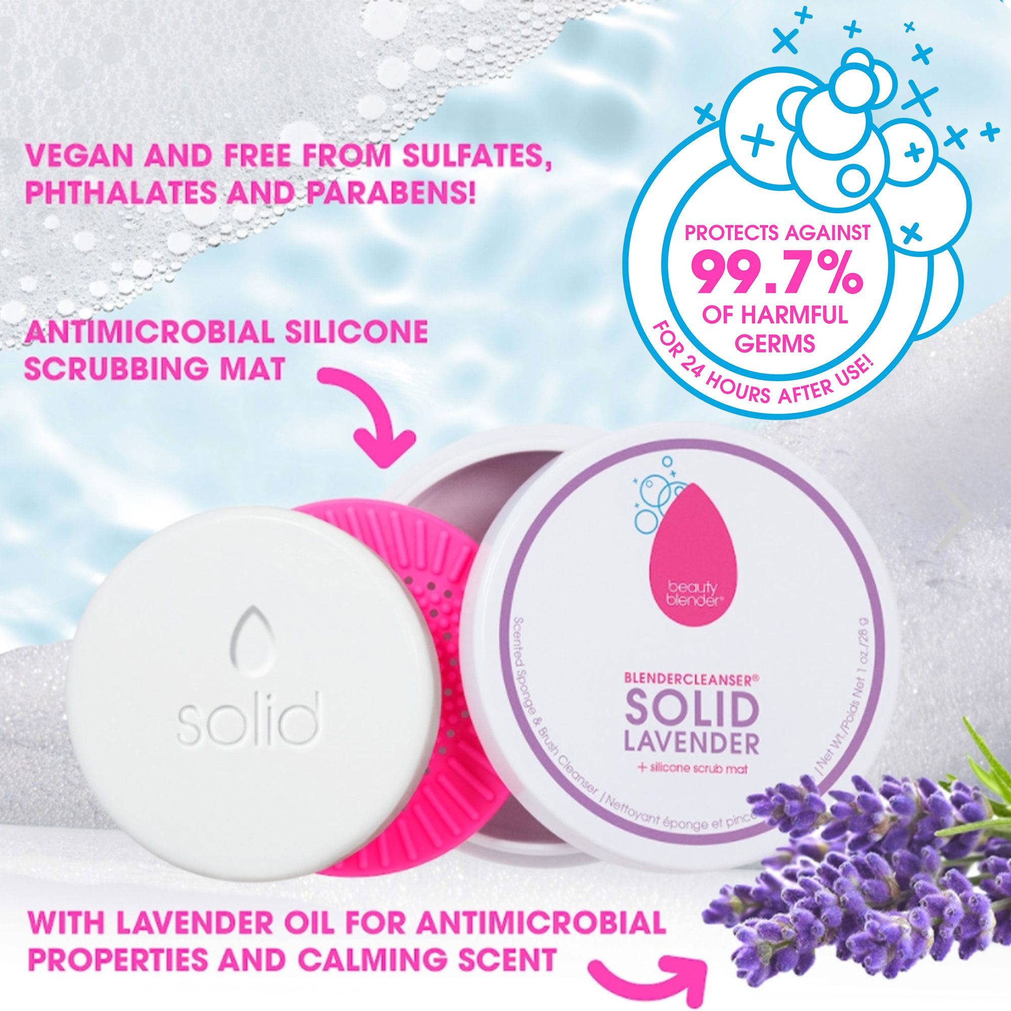 Weißer Reiniger mit rosa Schwamm und Silikon-Reinigungsmatte. Text: Vegan, frei von Sulfaten, Parabenen. Lavendelöl.