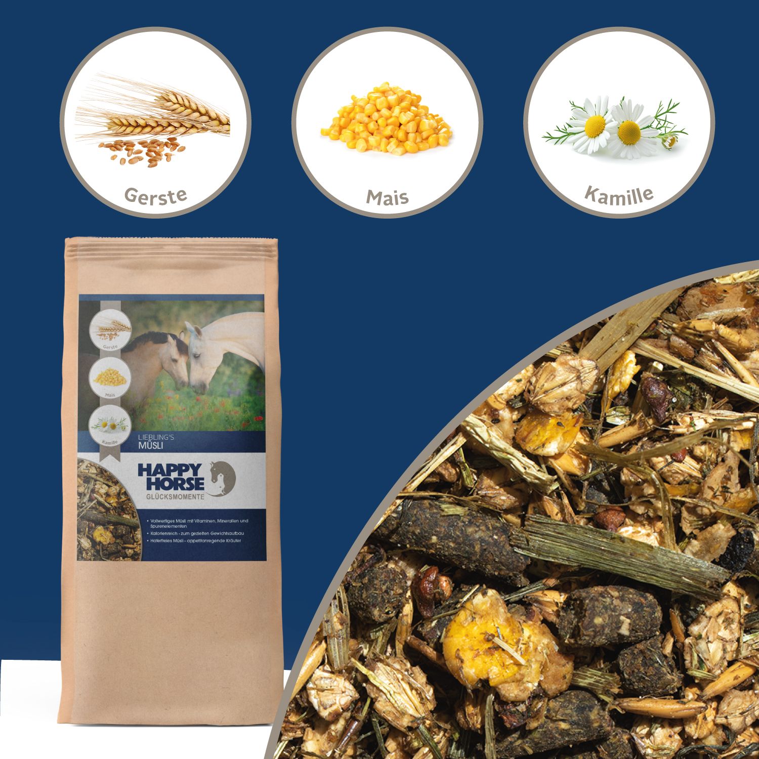 Beutel Happy Horse Kräuter-Müsli. Abbildung von Gerste, Mais und Kamille. Produktname und Logo.