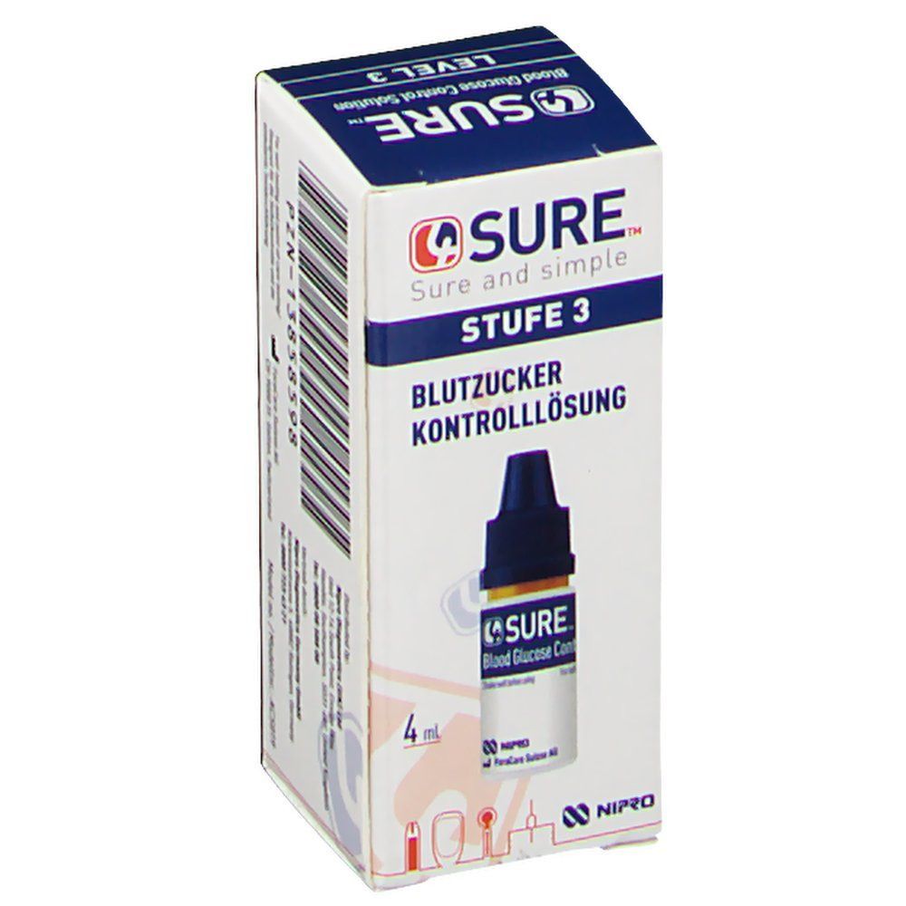 4SURE Blutzucker Kontrolllösung Stufe 3 in einer Flasche und Verpackung. Blaue und weiße Verpackung. 4 ml.