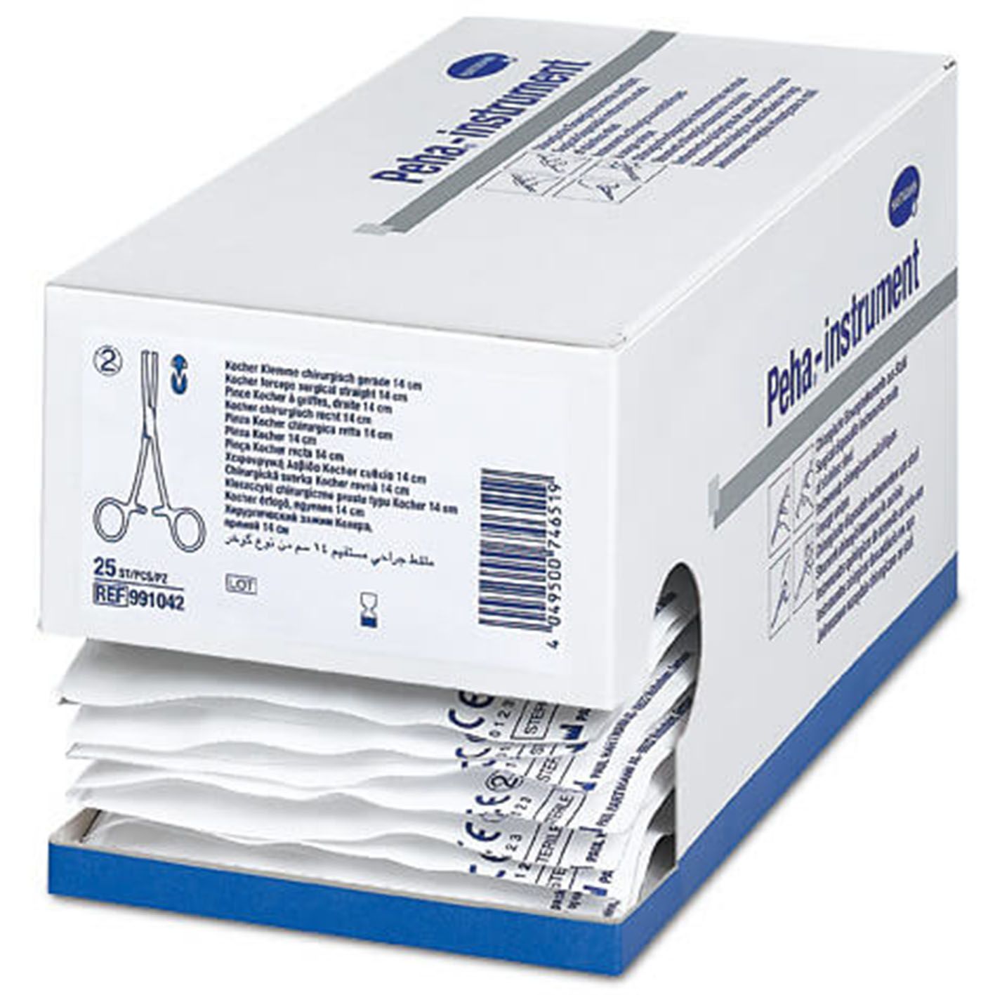 Kartonverpackung mit chirurgischen Klemmen. Produktname: Peha-instrument. 25 Stück. Einzeln verpackt, steril.