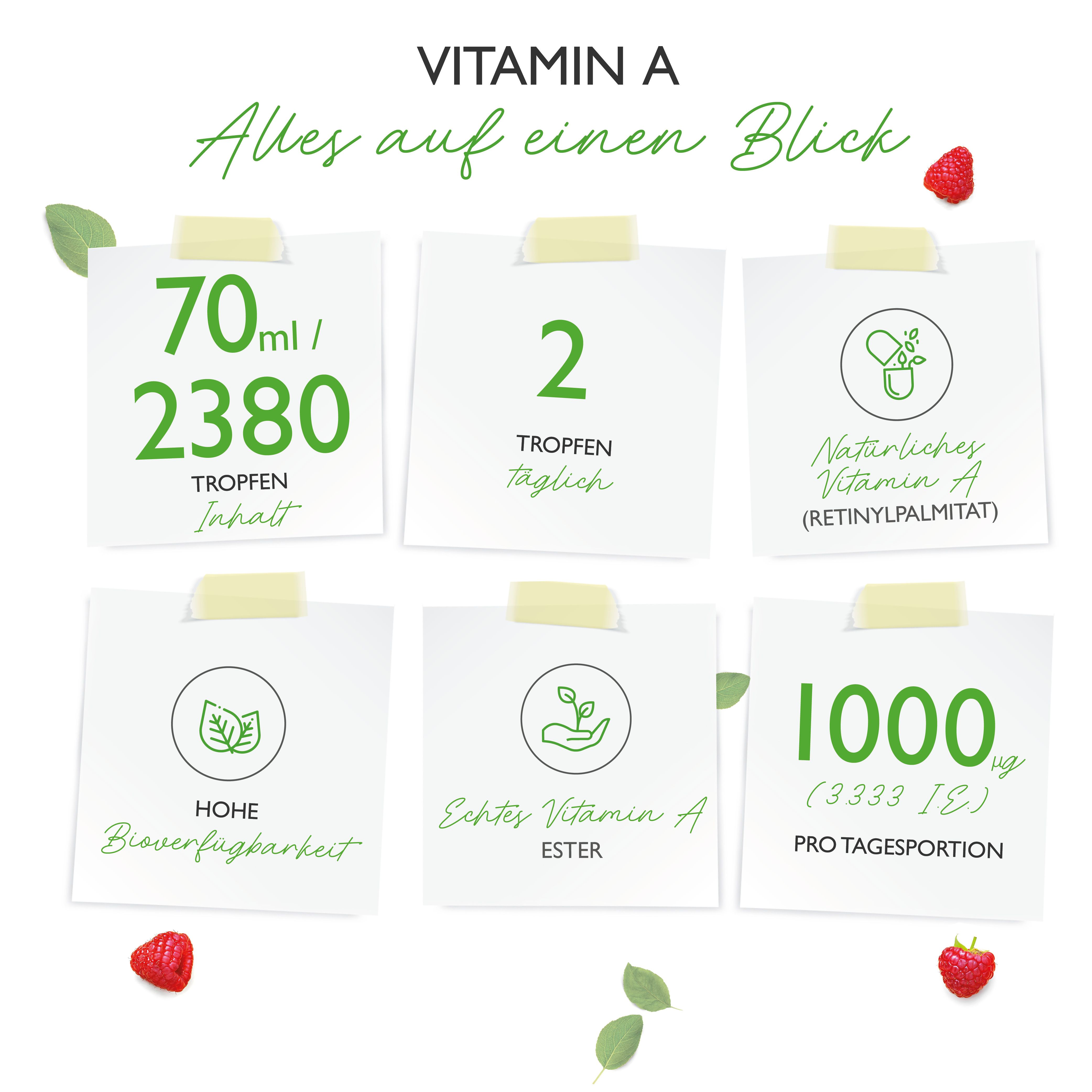 Infografik mit Notizzetteln. Informationen zu Vitamin A: 70ml, 2380 Tropfen, 2 Tropfen täglich, natürliches Vitamin A, hohe Bioverfügbarkeit.