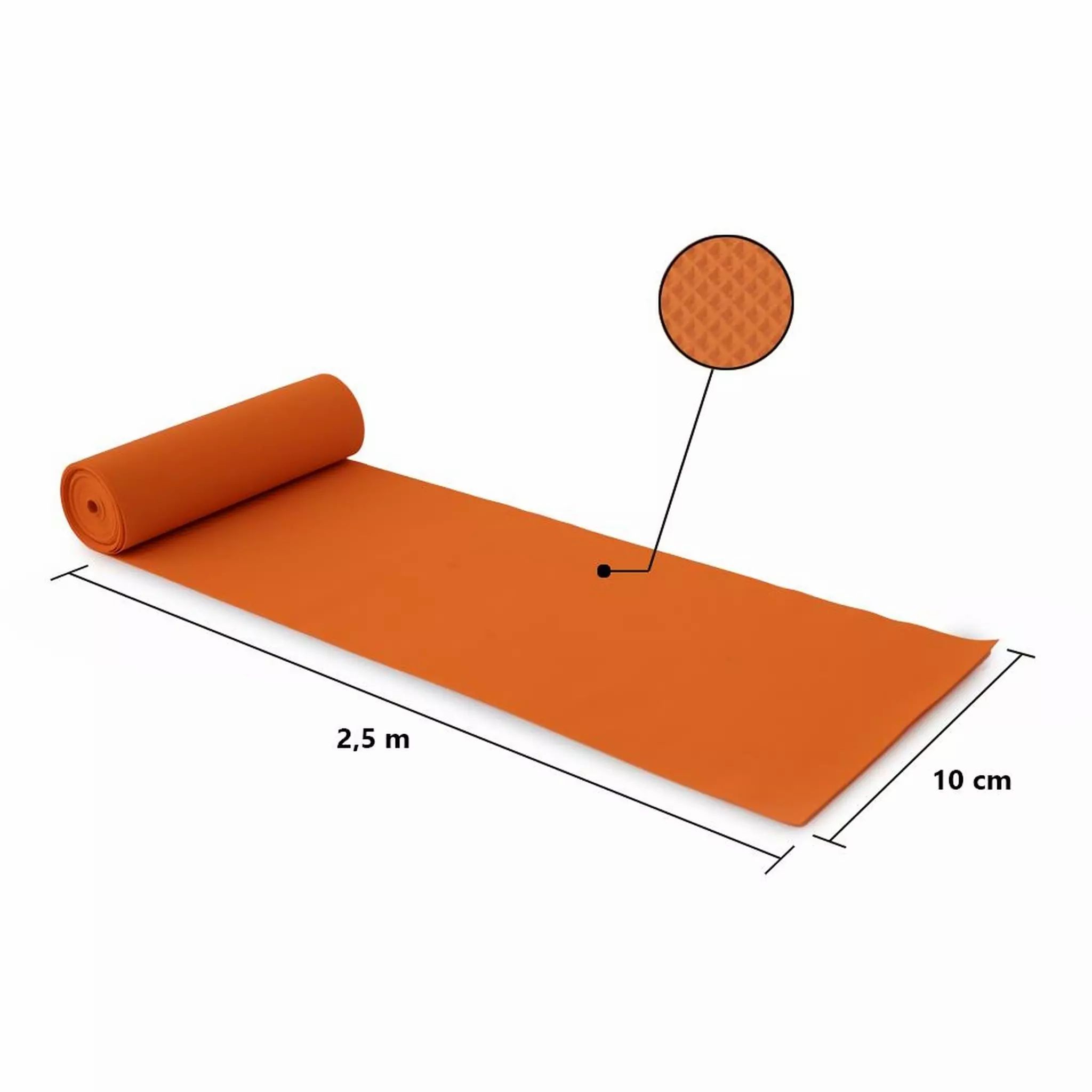 Orangefarbenes Widerstandsband, teilweise aufgerollt. Maße: 2,5 m x 10 cm. Detailansicht der strukturierten Oberfläche.