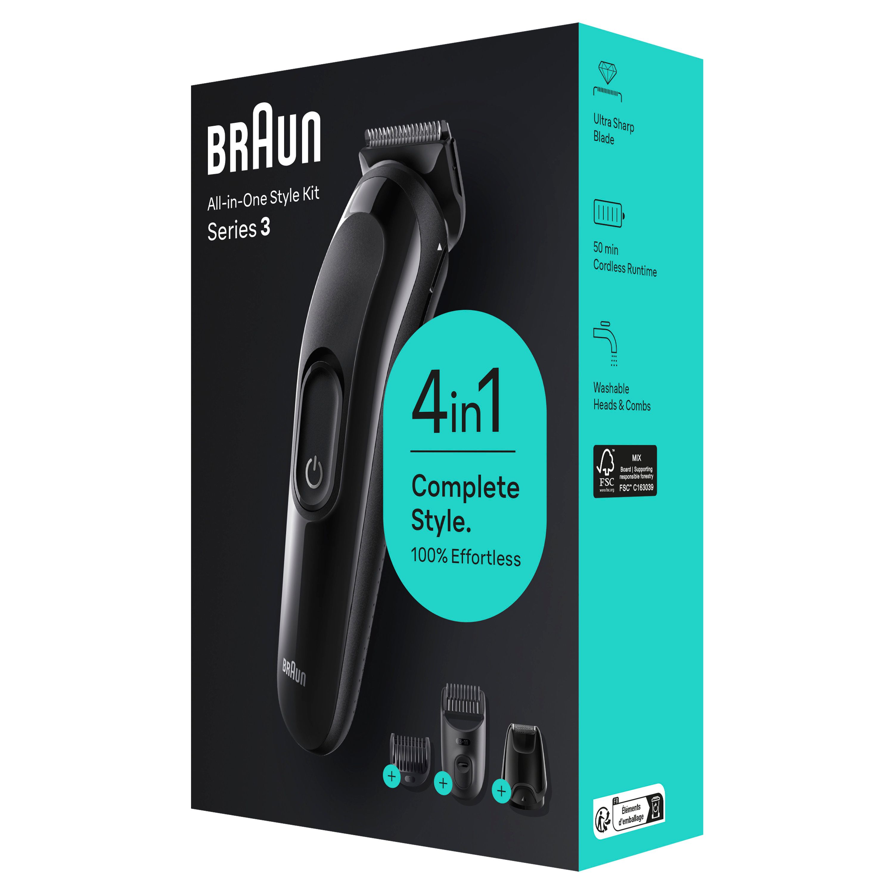 Braun Styling Kit in Schwarz. 4-in-1-Gerät. Verpackung mit Produktabbildung und Texten. FSC-Zertifizierung.