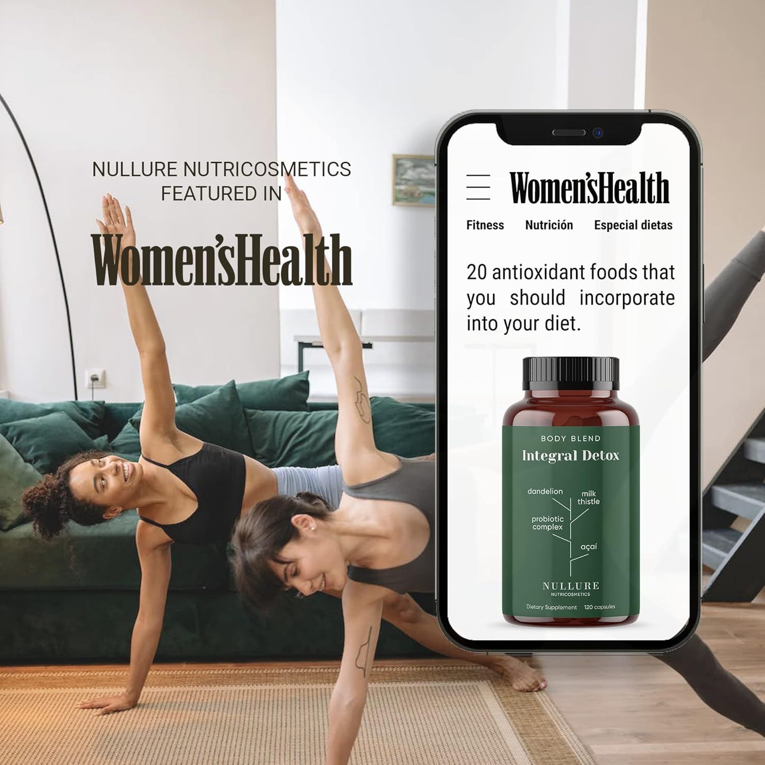 Zwei Frauen machen Yoga. Auf einem Smartphone ist eine Flasche Integral Detox abgebildet. Text: Women's Health.