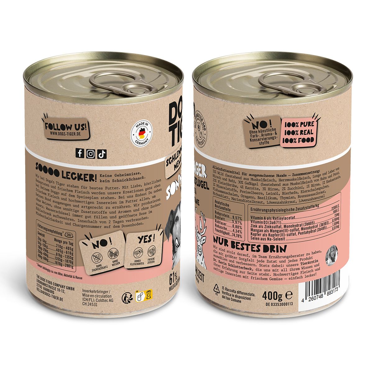 Zwei Dosen Hunde Nassfutter. Aufschrift: Dogs'n Tiger, Sonntagsjäger, Wild mit Geflügel, Birne & Esskastanie. 61% Fleischmahlzeit. Rückseite mit Inhaltsangaben.