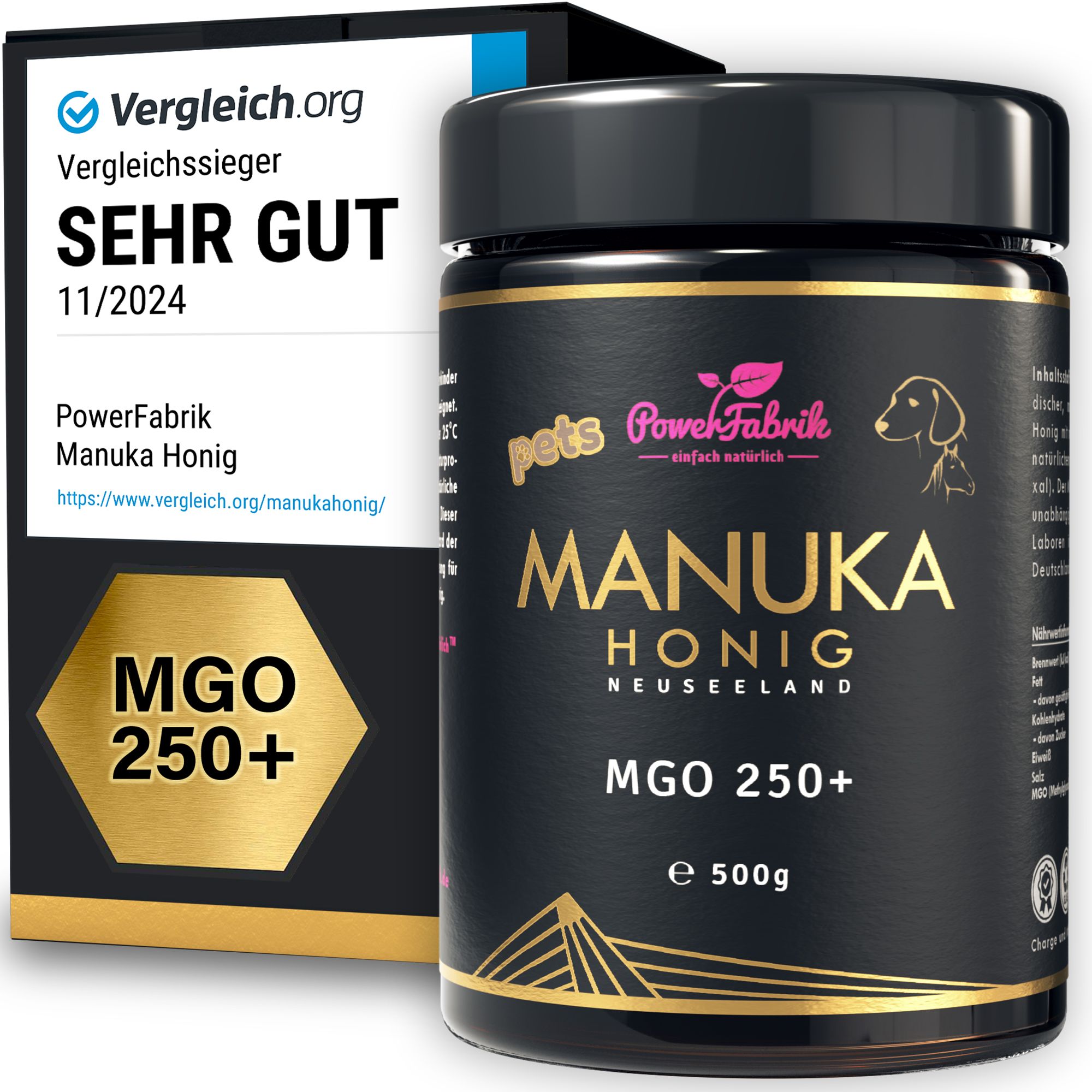 Produktverpackung und Honigglas. Aufschrift: Manuka Honig, MGO 250+. Logo: PowerFabrik. Auszeichnung: Sehr Gut.