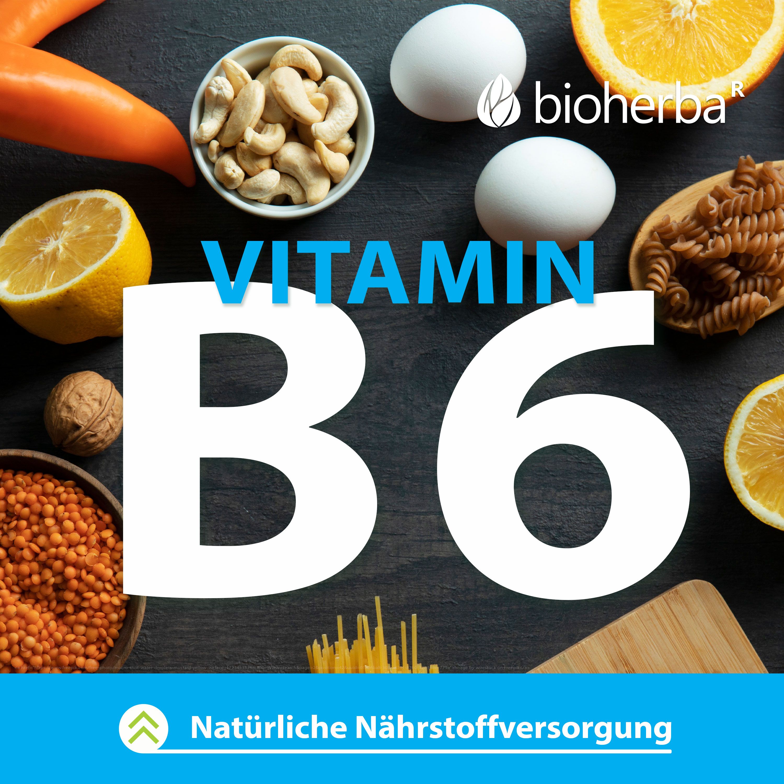 Verschiedene Lebensmittel, darunter Nüsse, Eier, Gemüse und Obst. Großer Text: VITAMIN B6. Logo: bioherba. Text: Natürliche Nährstoffversorgung.
