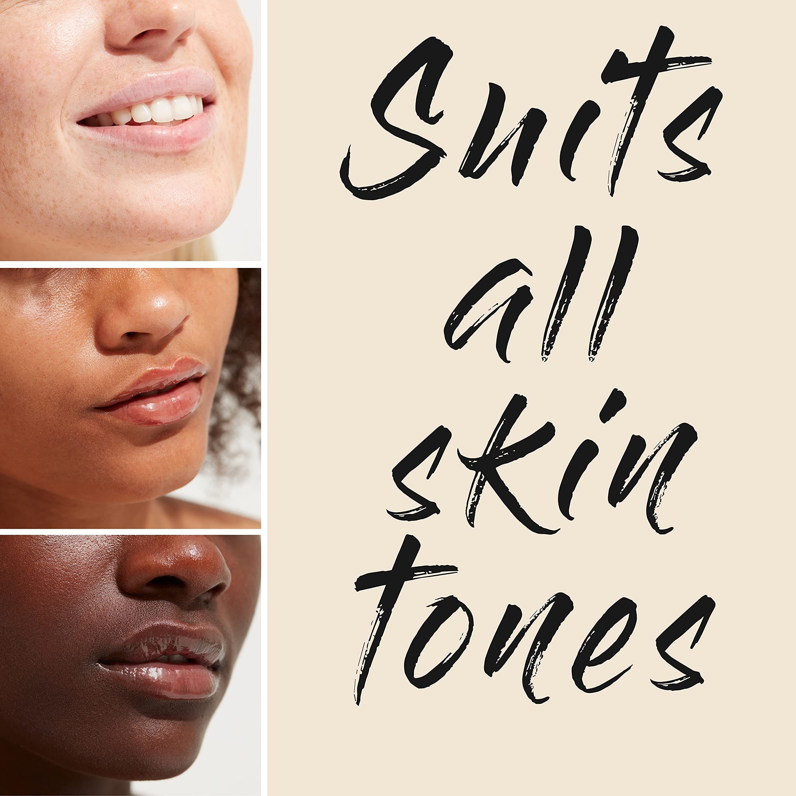 Collage von drei Gesichtern. Text: Suits all skin tones.