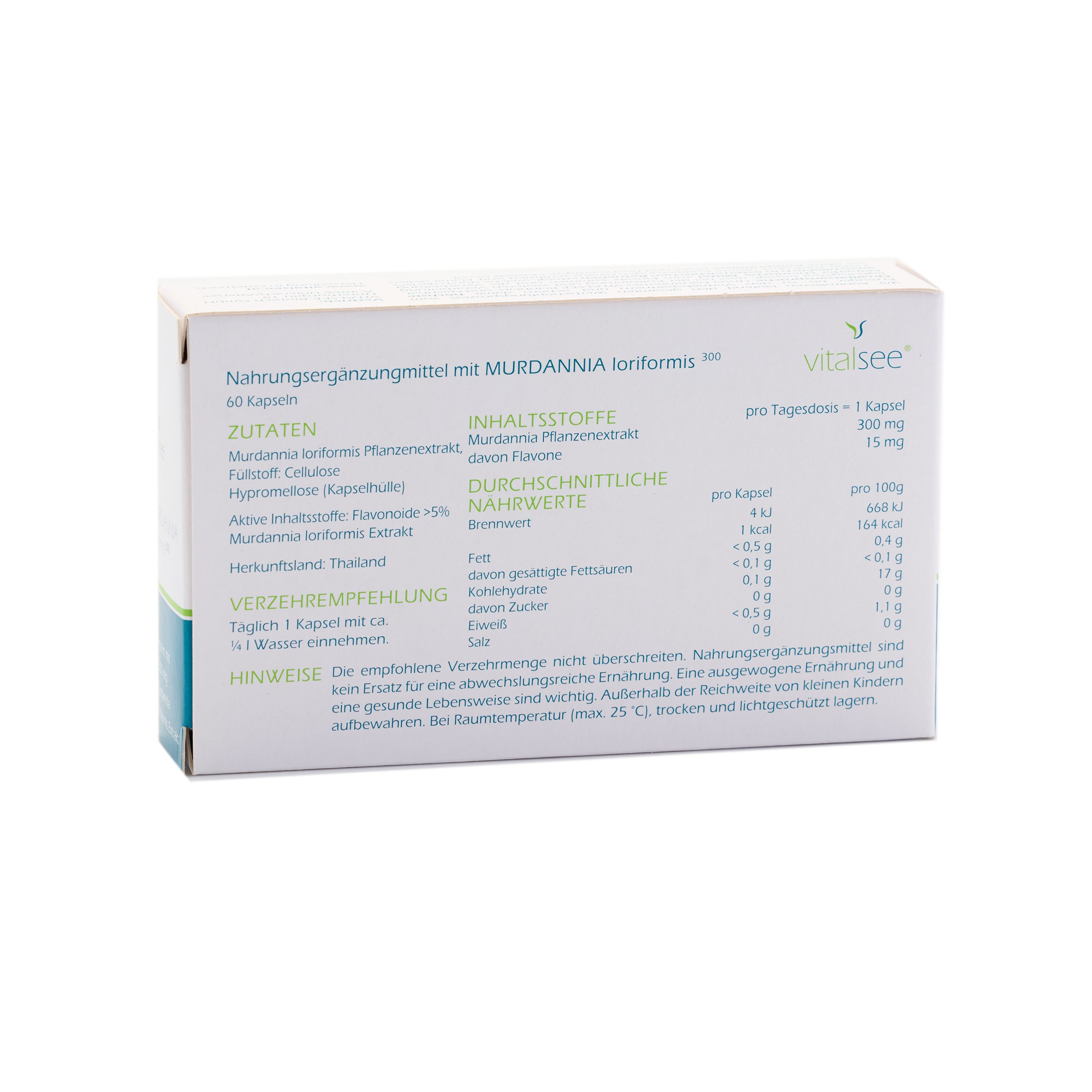 Rückseite einer weißen Verpackung mit Text. Enthält Informationen zu Inhaltsstoffen, Nährwerten und Verzehrempfehlung.