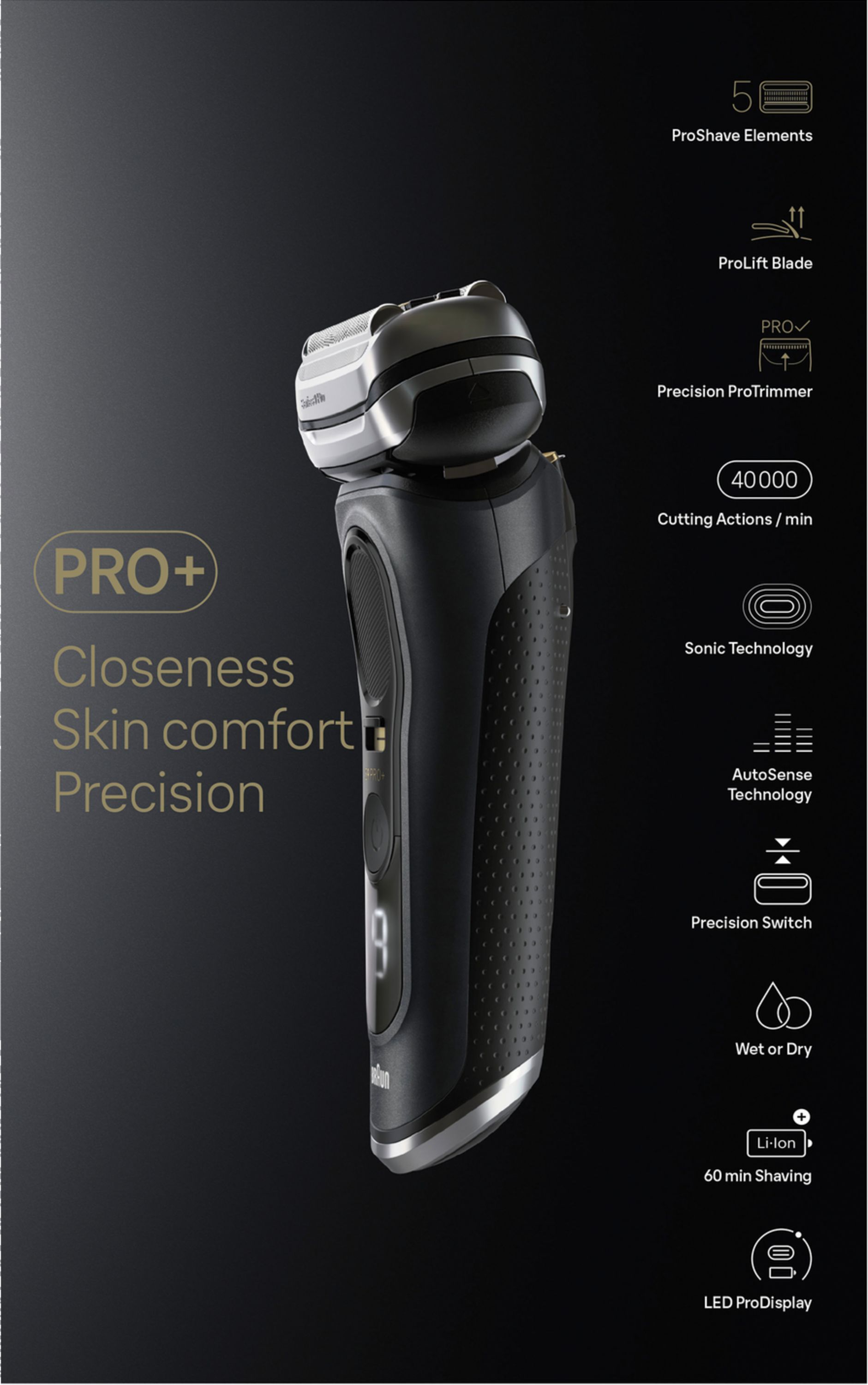 Schwarzer Rasierer. Marke Braun. Text: Pro+, Closeness Skin comfort Precision. 40.000 Cutting Actions / min. LED ProDisplay.