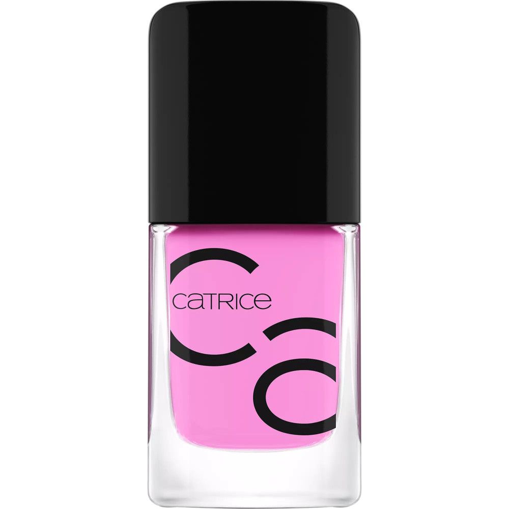 Nagellackflasche mit rosa Inhalt. Schwarzer Deckel. Marke Catrice. Nahaufnahme.