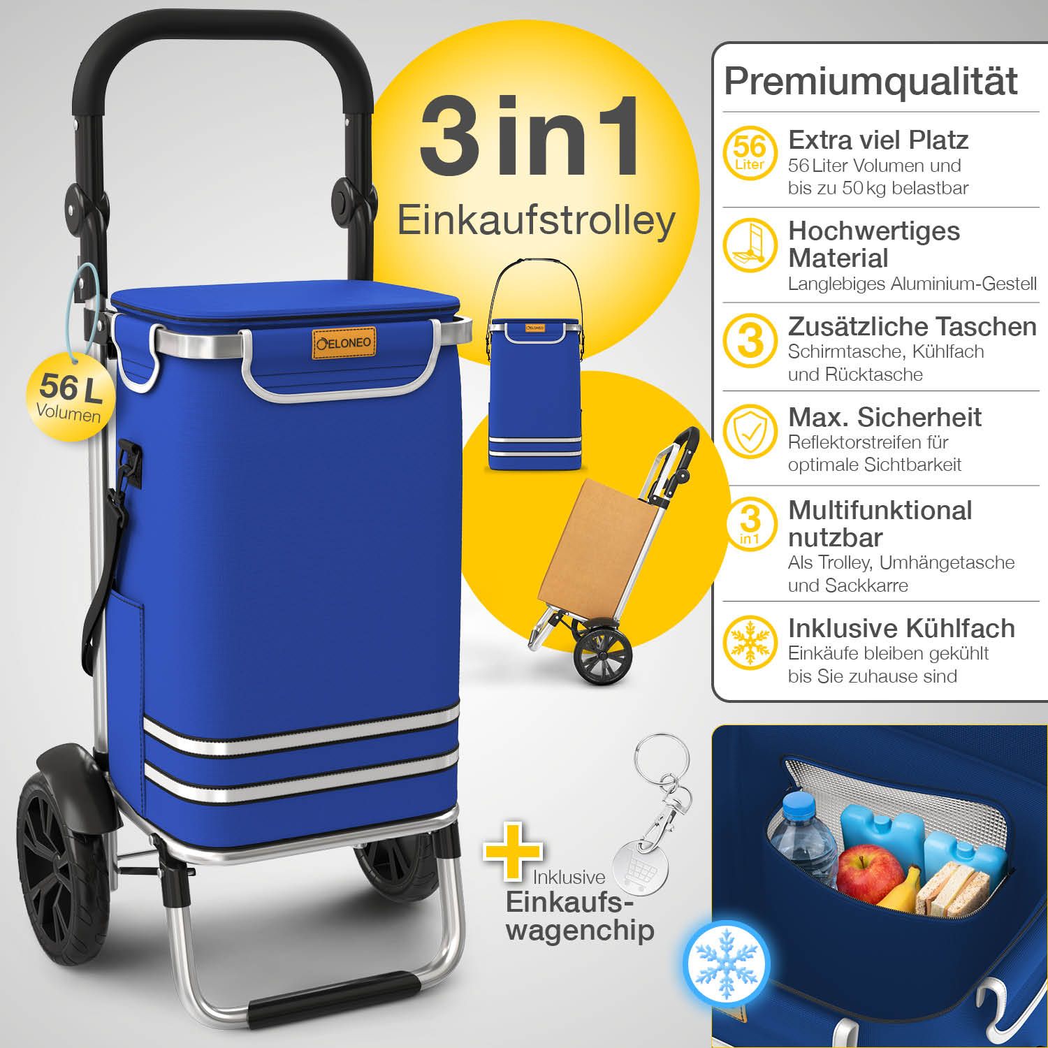Blauer Einkaufstrolley mit 56L Volumen. Text: „3in1 Einkaufstrolley“, „Premiumqualität“. Inklusive Kühltasche und Einkaufswagenchip.