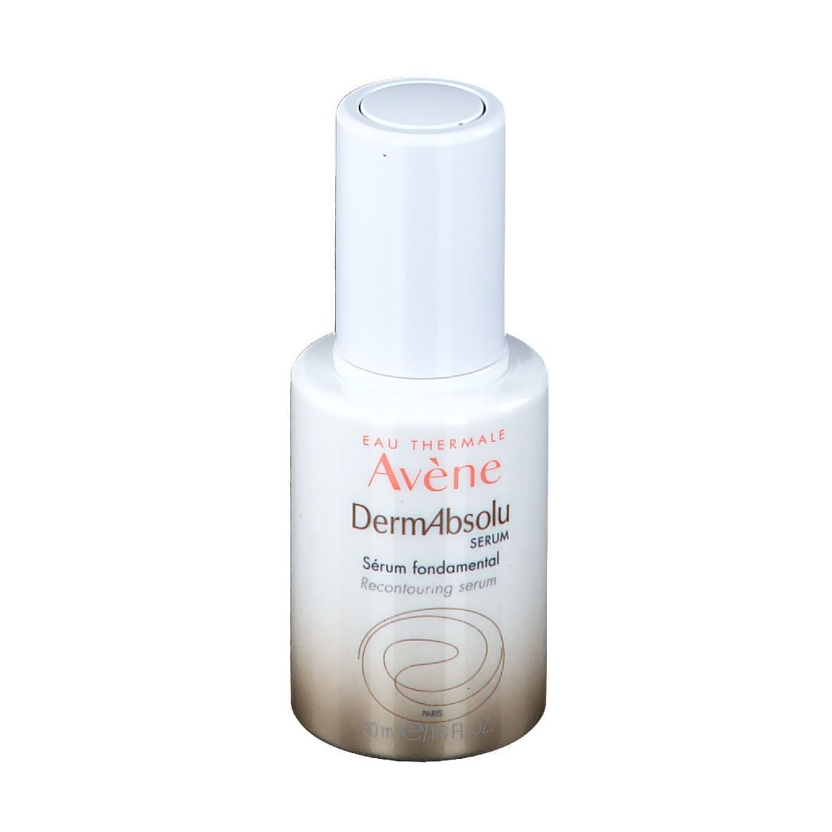 Serumflasche, weißer Deckel. Aufschrift: Eau Thermale Avène, DermAbsolu Serum fondamental. Recontouring serum.