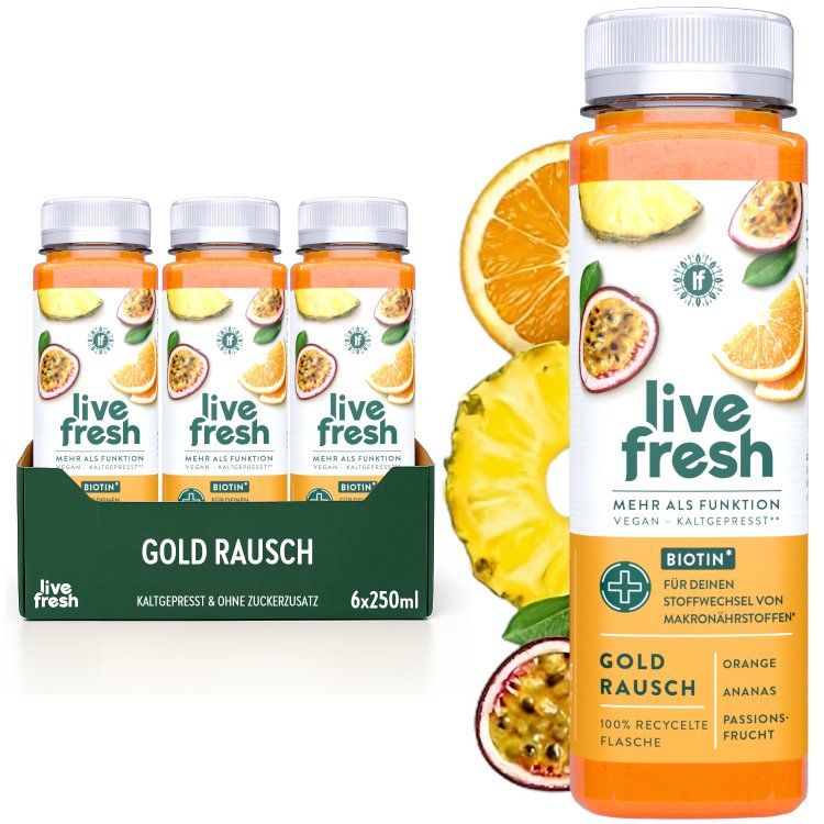 LiveFresh Gold Rausch. 6 Flaschen in Packung, einzelne Flasche. Orange, Ananas, Passionsfrucht.