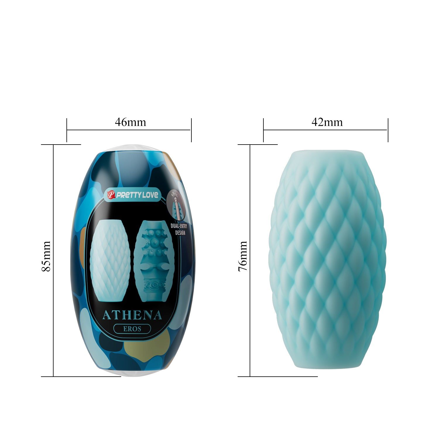 Verpackung mit Produkt und Maßen. Produkt: blau, länglich, rautenförmig. Maße: 85x46x42x76mm.