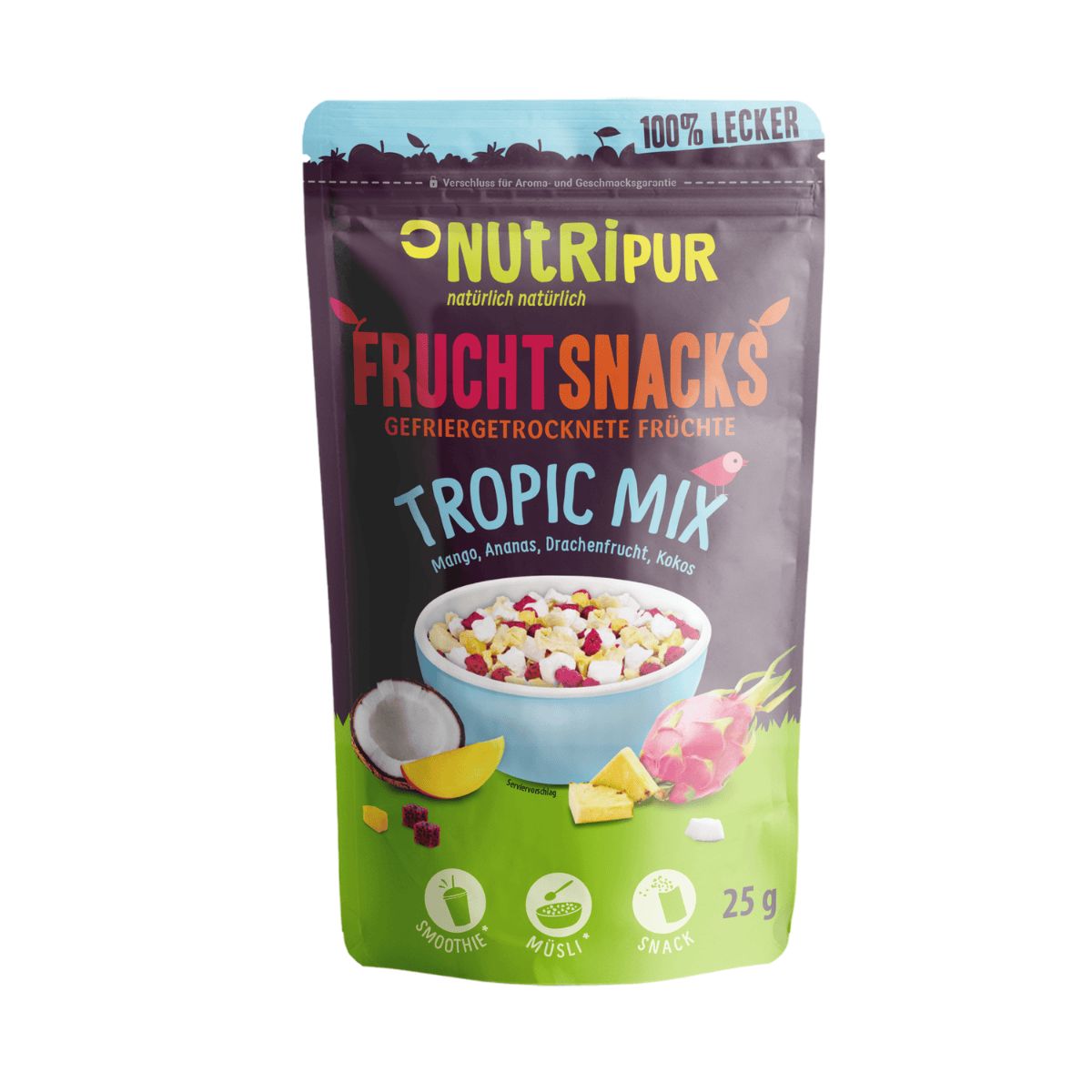 Beutel mit gefriergetrockneten Früchten. Aufschrift: NutriPur, Tropic Mix. Abbildung von Früchten. 25g.
