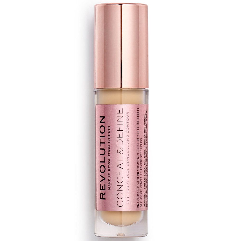 Concealer-Fläschchen, Marke Makeup Revolution. Produktname: Conceal & Define. Rosa Etikett, goldene Kappe.