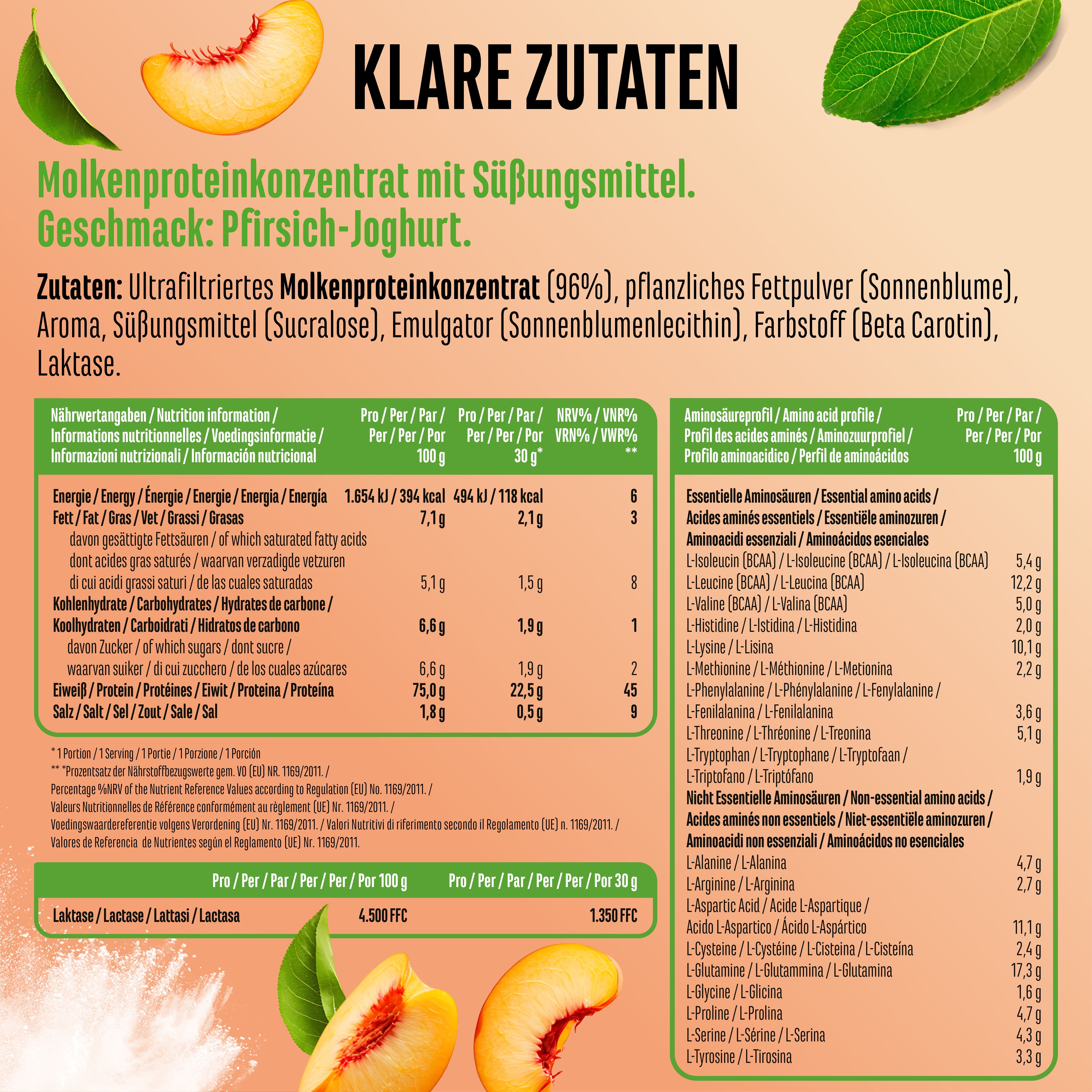 Rückseite der Yummy Whey Protein Verpackung. Zutatenliste, Nährwertangaben und Aminosäureprofil. Pfirsichstücke und Blätter.