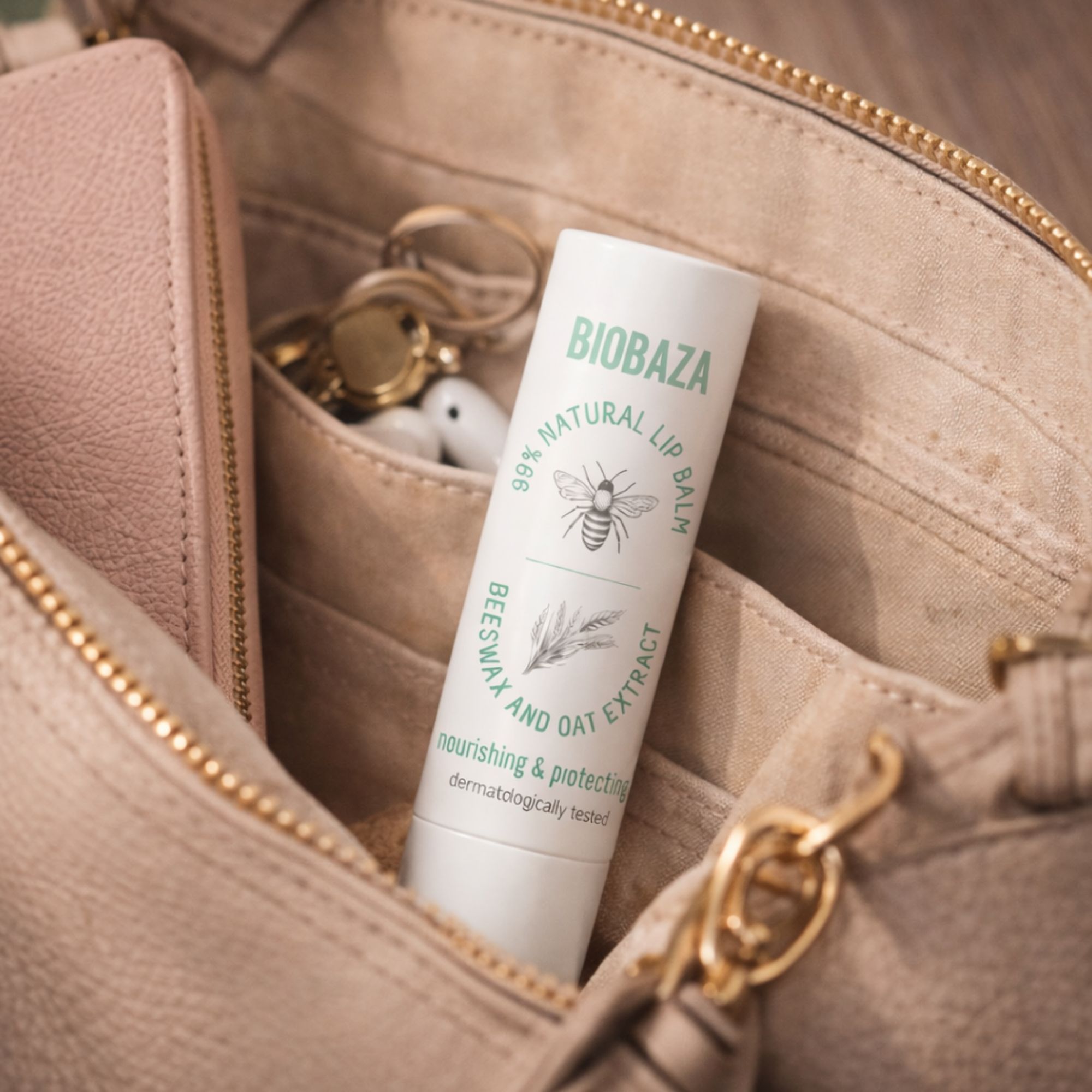 Weißer Lippenbalsam-Stift in einer hellbraunen Handtasche. Auf dem Stift steht "BIOBAZA", "99% NATURAL LIP BALM" und "BEESWAX AND OAT EXTRACT".