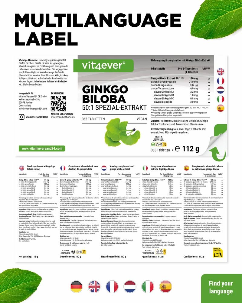 Vit4ever Ginkgo Biloba 6000 mg Flasche mit mehrsprachigem Etikett und Inhaltsstoffen.