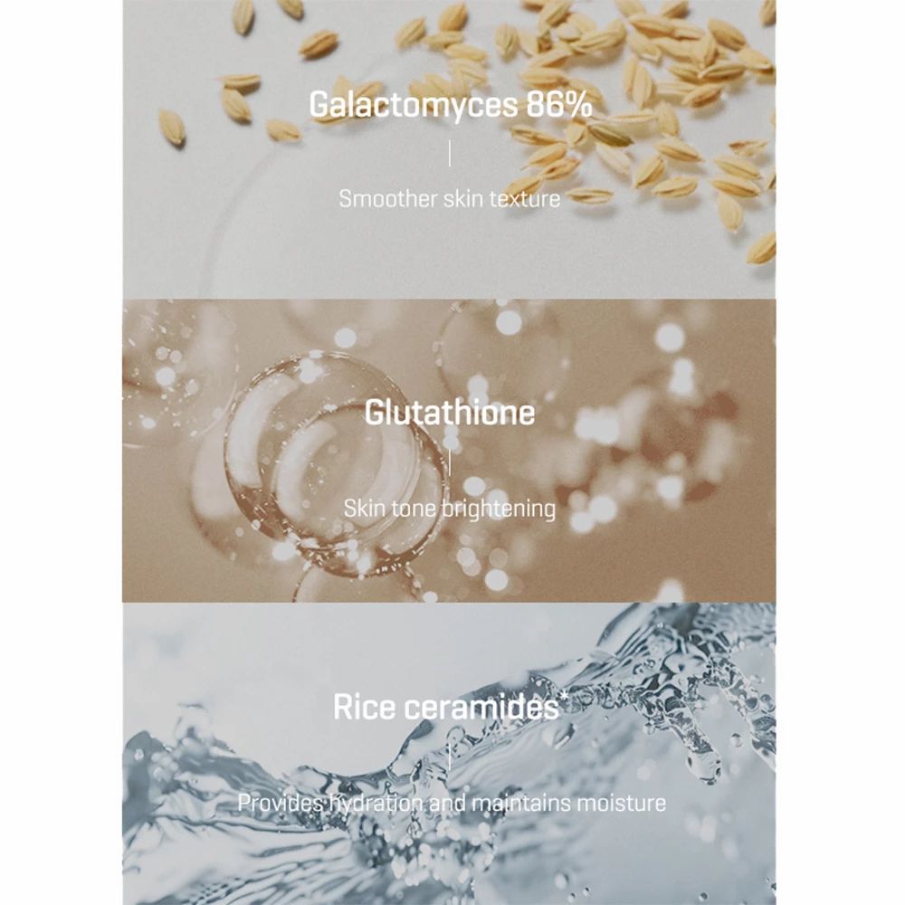 Drei Elemente: Galactomyces 86%, Glutathion, Reis-Ceramide. Text: Hautbild, Hautton, Feuchtigkeit.