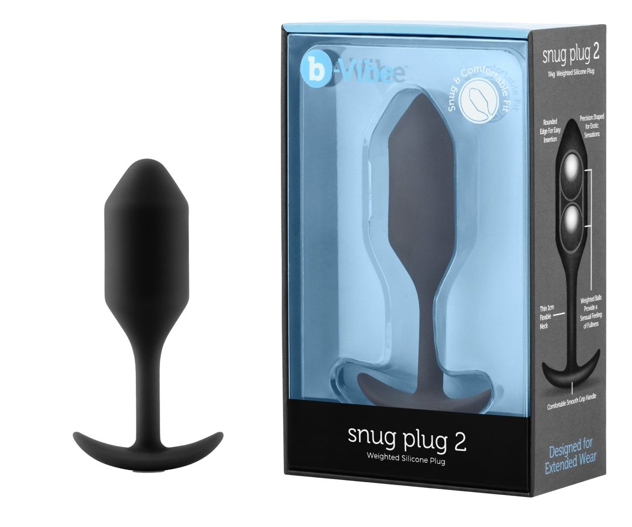 Schwarzer Plug neben Verpackung. Verpackung mit Produktname 'snug plug 2' und Marke 'b-Vibe'.