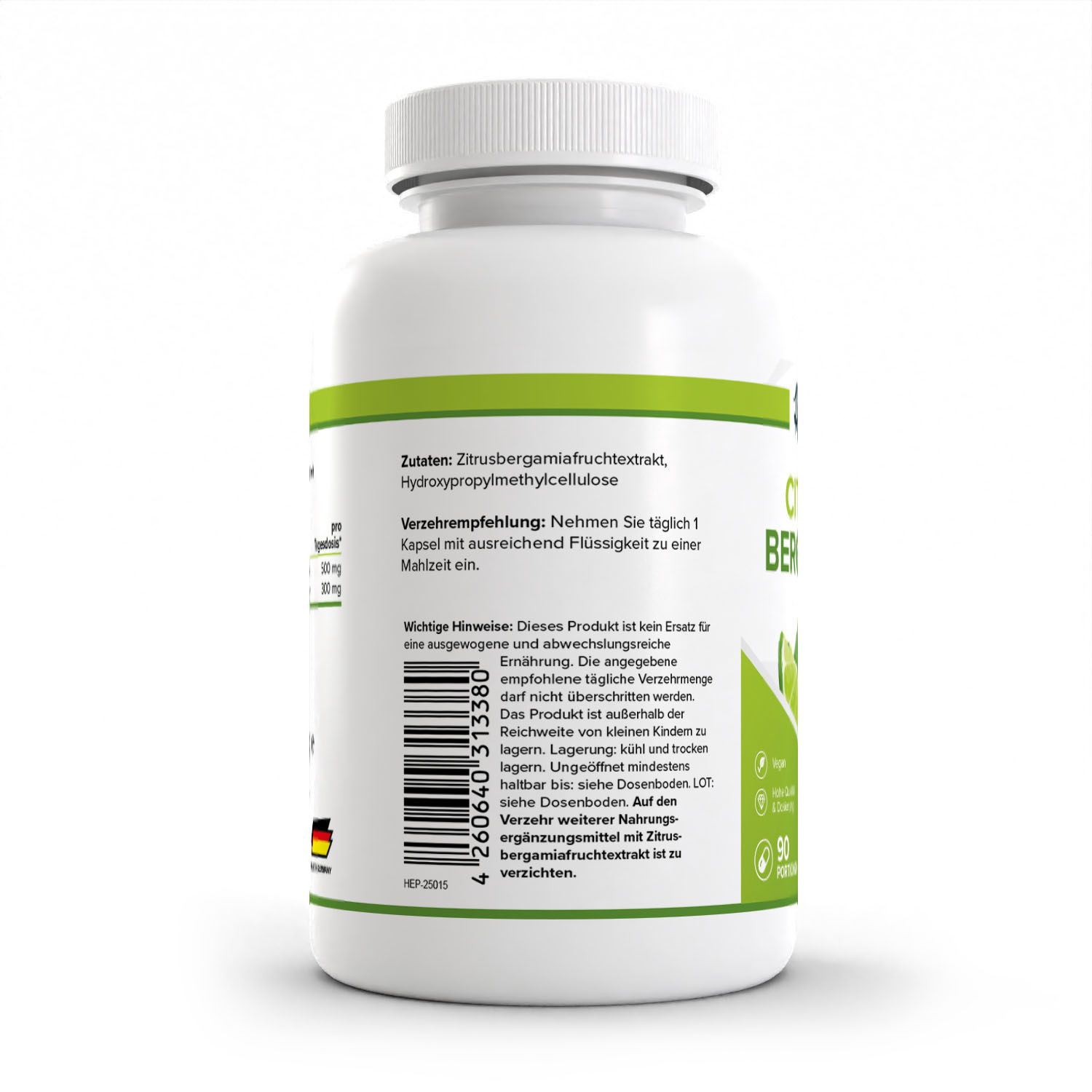 Rückseite einer HEALTH+ CITRUS BERGAMOT Kapseldose. Enthält Zutatenliste und Verzehrempfehlung.